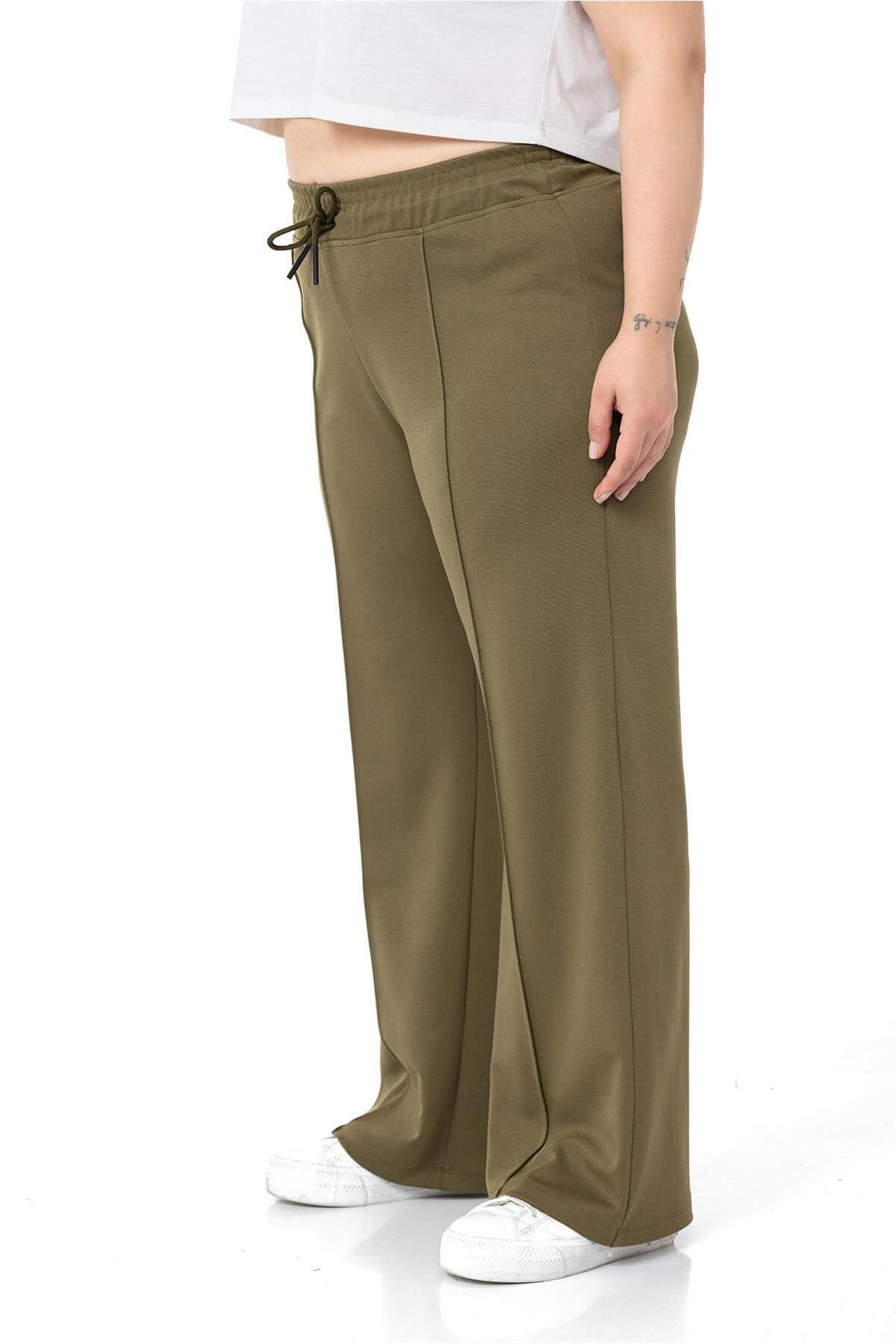 DISENTIS MODEST-Large Size Elastic Waist and Rope Drawstring Ribbed Stitching Wide Leg Khaki Trousers 5