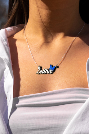 DEFCHE 925 Ayar Kişiye Özel Isimli Renkli Kelebek Detaylı Kadın Gümüş Kolye Z...