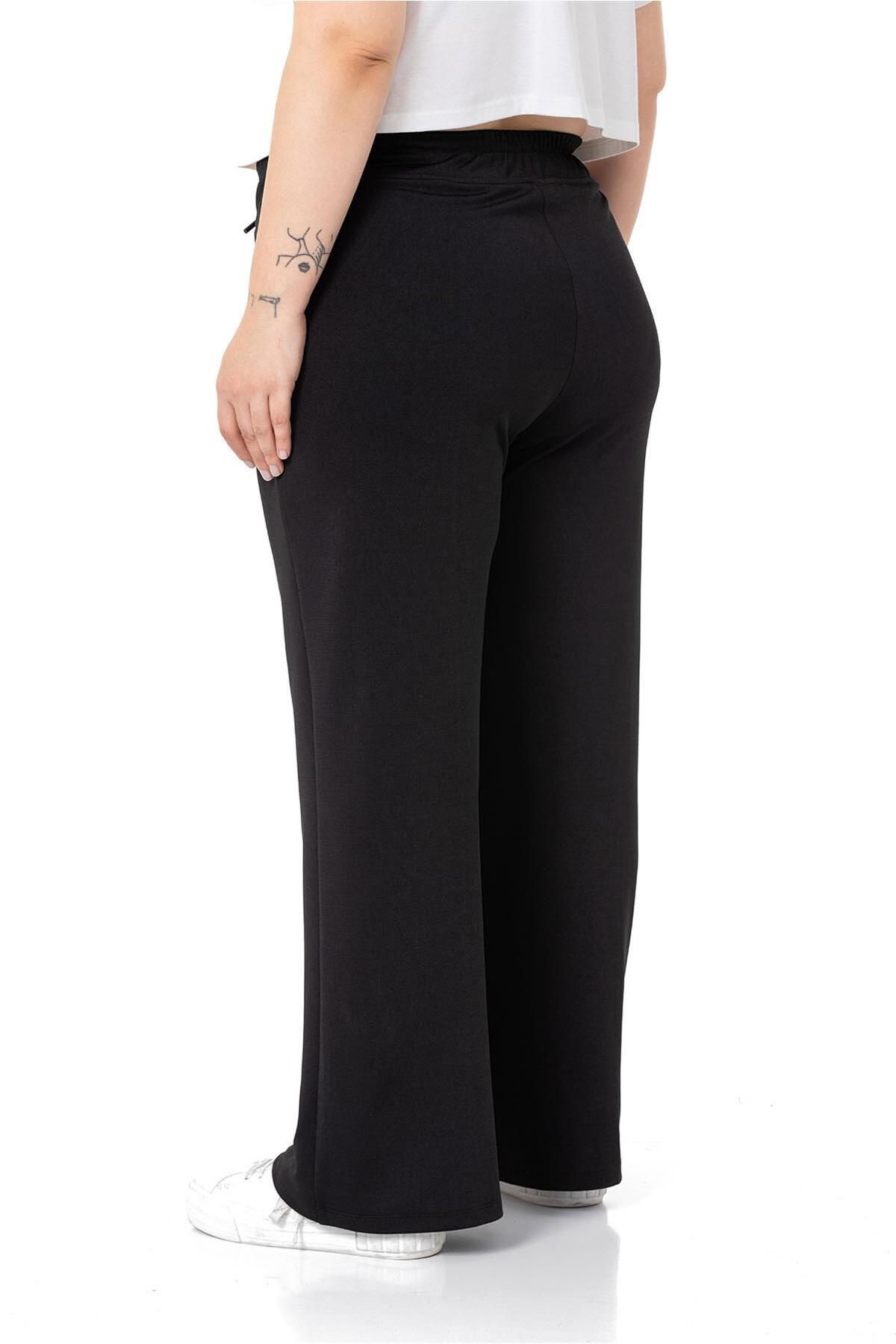 DISENTIS MODEST-Large Size Elastic Waist and Rope Drawstring Ribbed Stitching Wide Leg Black Trousers 3