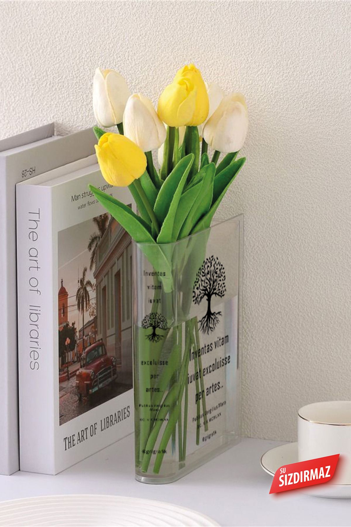 Gri Grafik Design Workshop-Transparent Acrylic Book Vase - Floral Pattern, Desktop Transparent 8