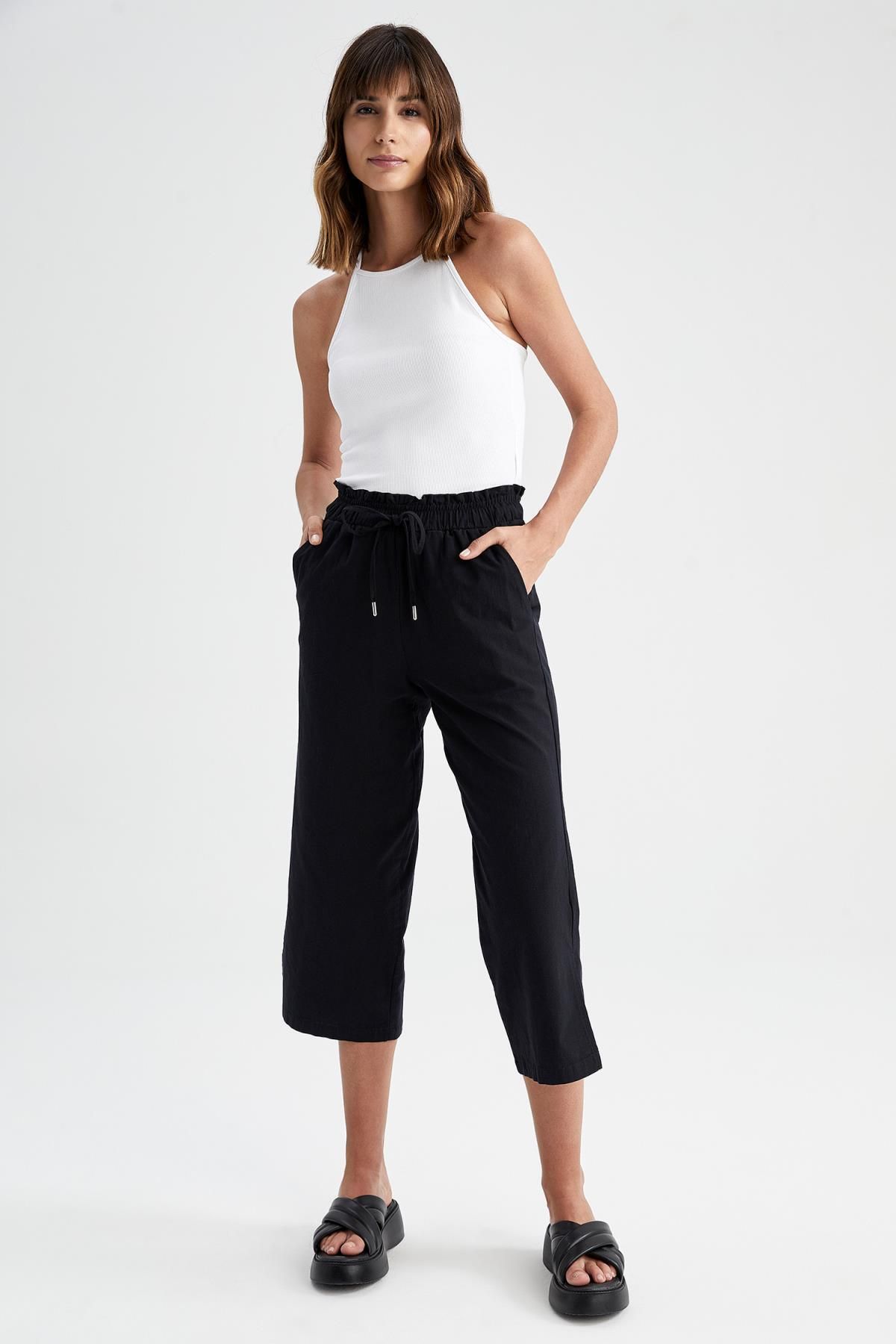 DeFacto-Παντελόνι από λινό look Capri 100% βαμβακερό με φαρδιές τσέπες 2