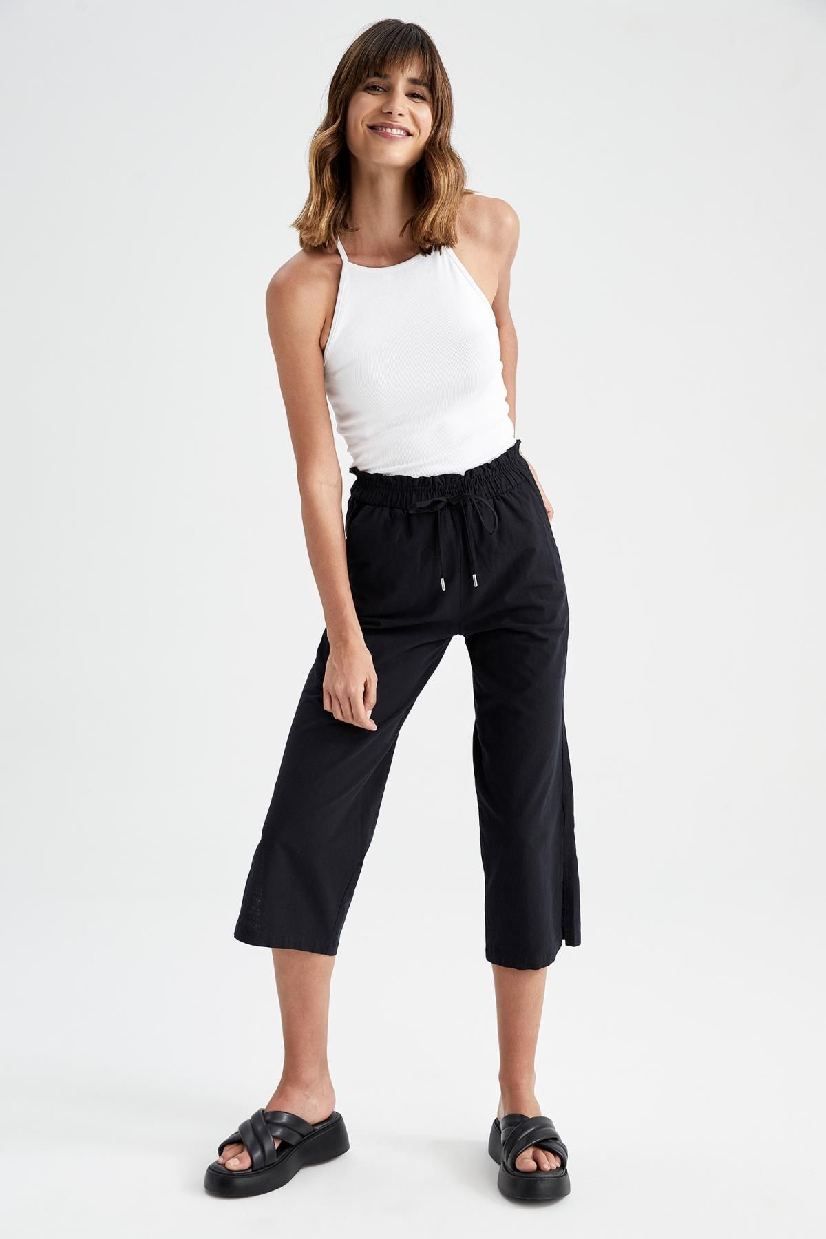 DeFacto-Παντελόνι από λινό look Capri 100% βαμβακερό με φαρδιές τσέπες 3