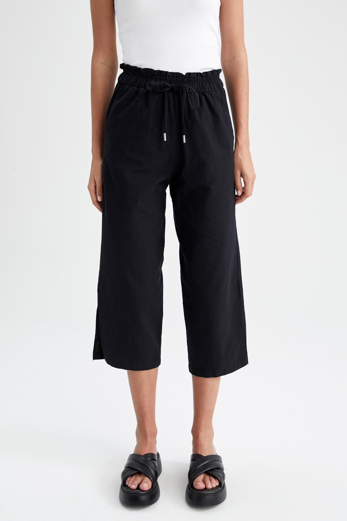 DeFacto-Παντελόνι από λινό look Capri 100% βαμβακερό με φαρδιές τσέπες 4