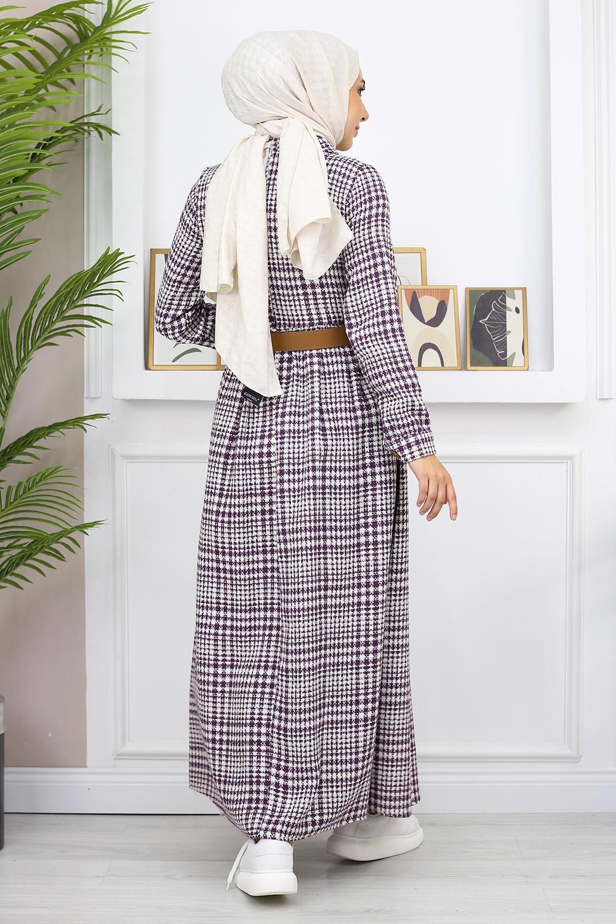 Modamihram-Button Detailed Dress Plum 19166 5