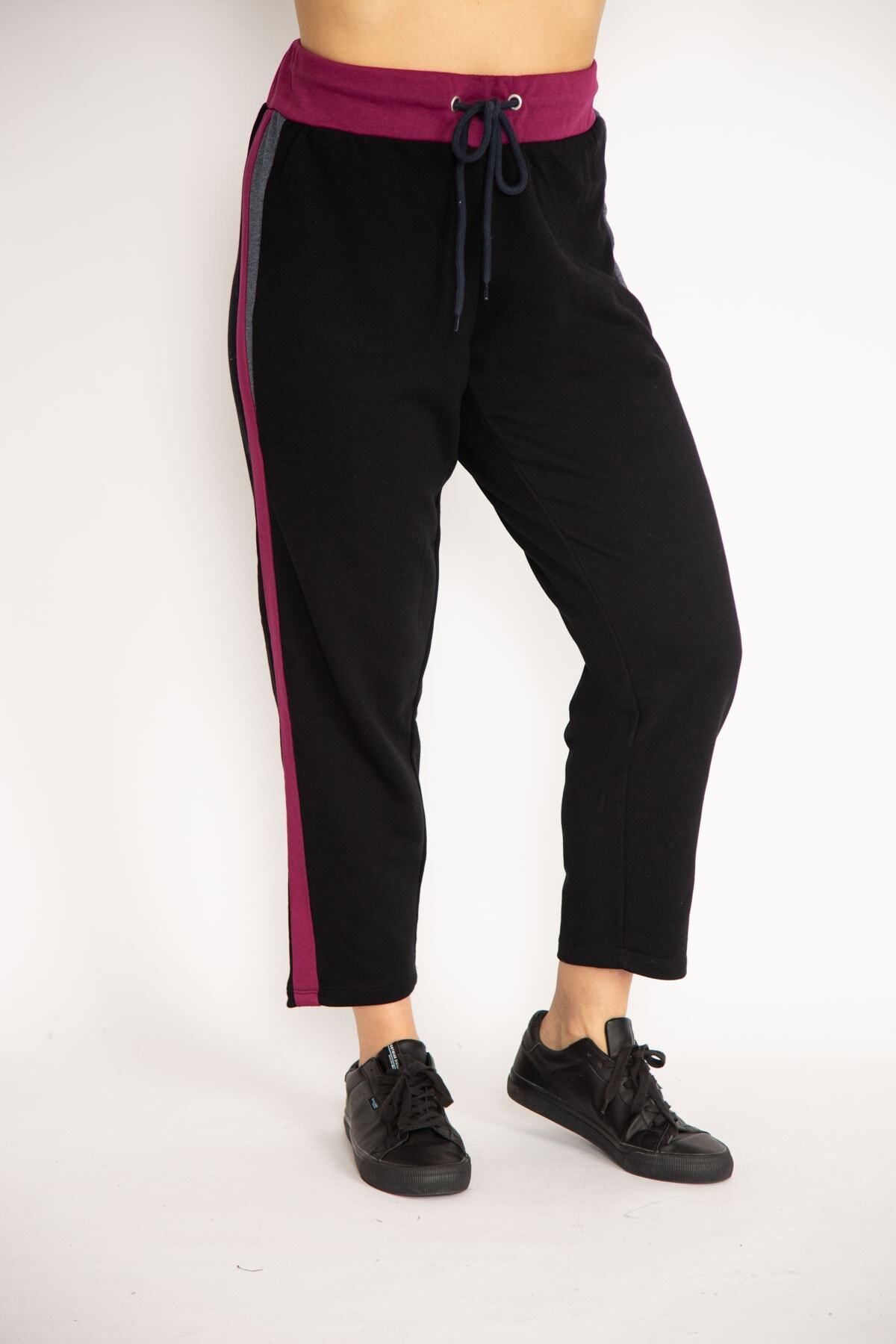 Şans Women's Large Size Black Waist Eyelet Lace-up Color Detailed Sports  Trousers 65n35047