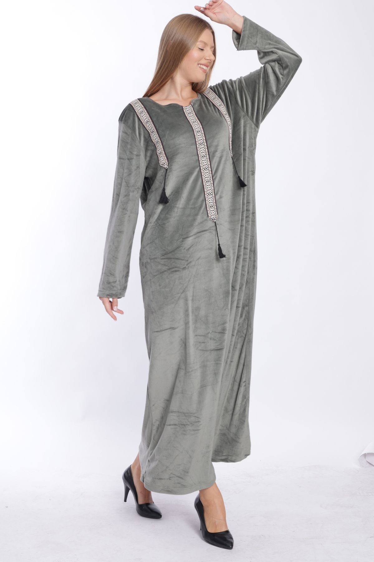 mervemoda-Anthracite Colored Velvet Women's Long Dress 6