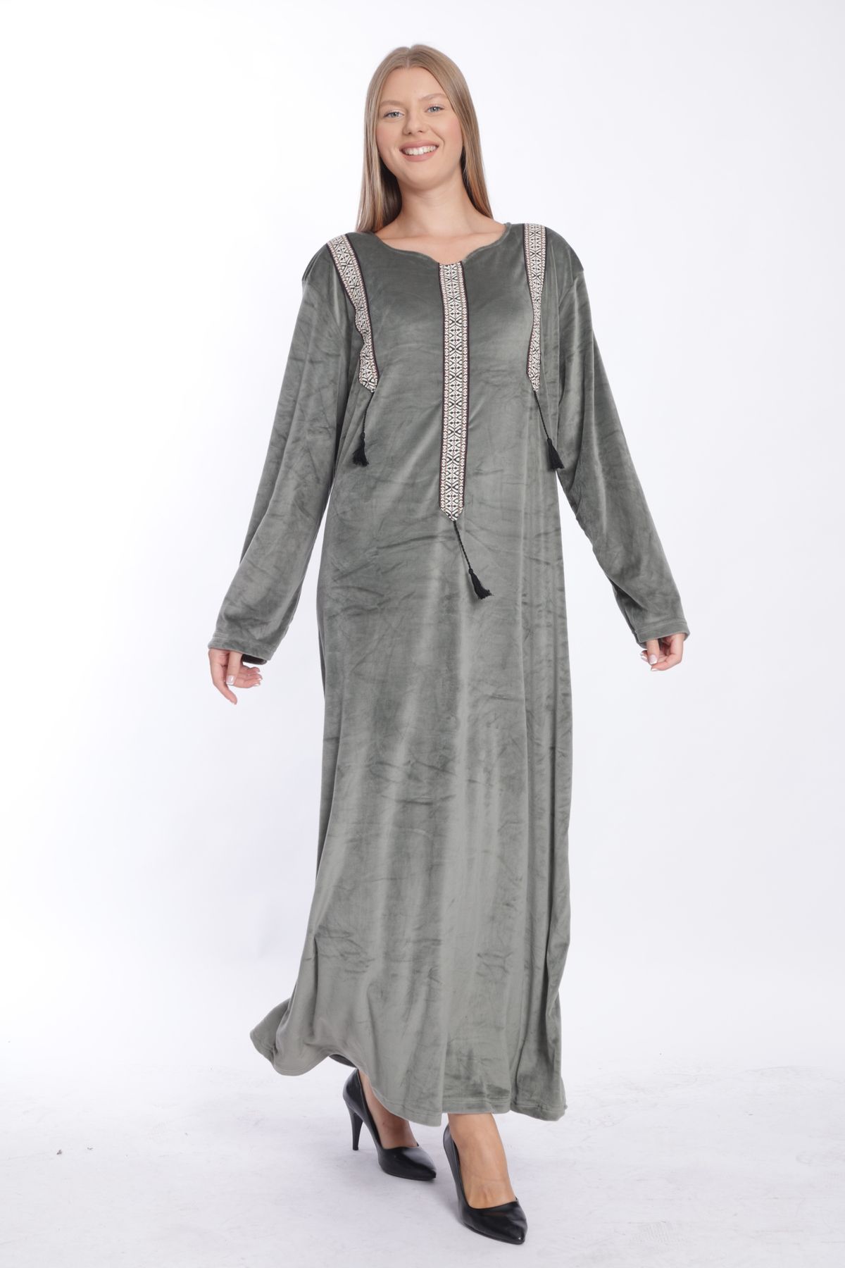 mervemoda-Anthracite Colored Velvet Women's Long Dress 5