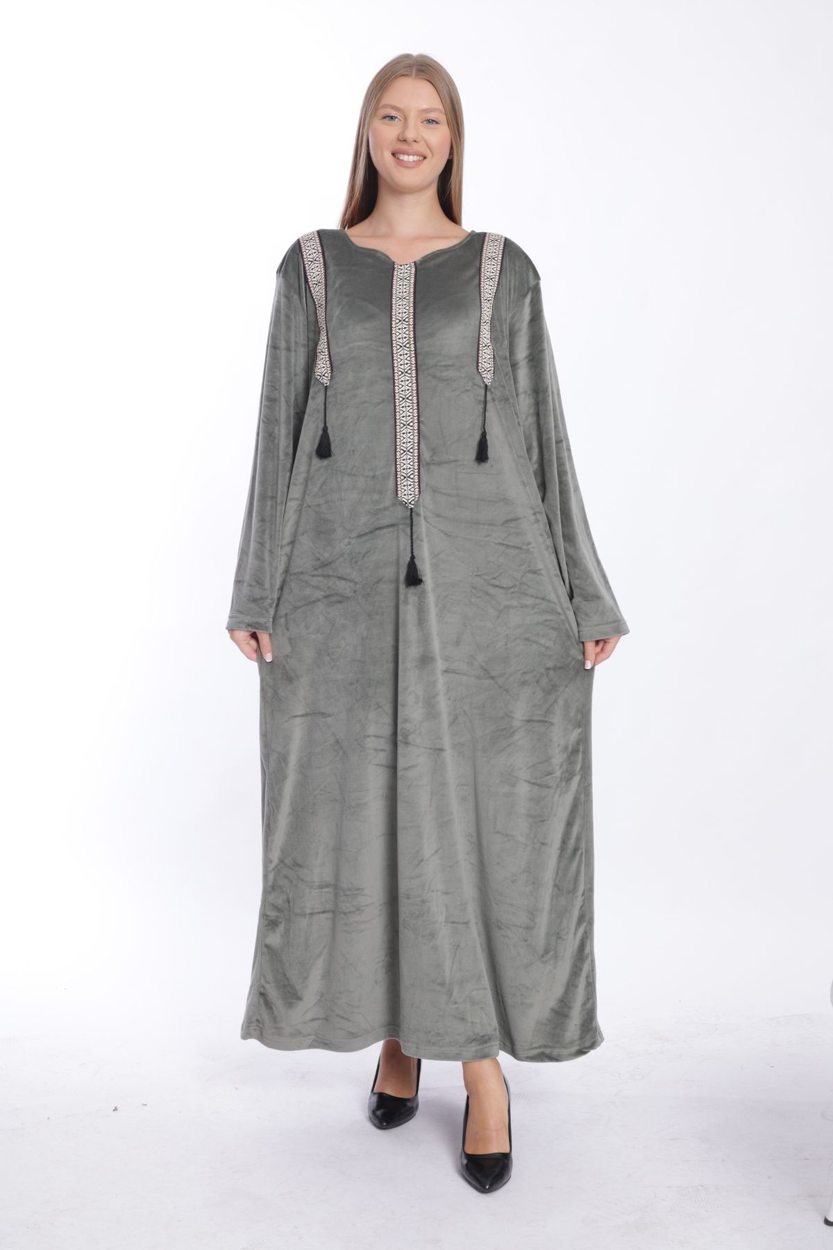 mervemoda-Anthracite Colored Velvet Women's Long Dress 3
