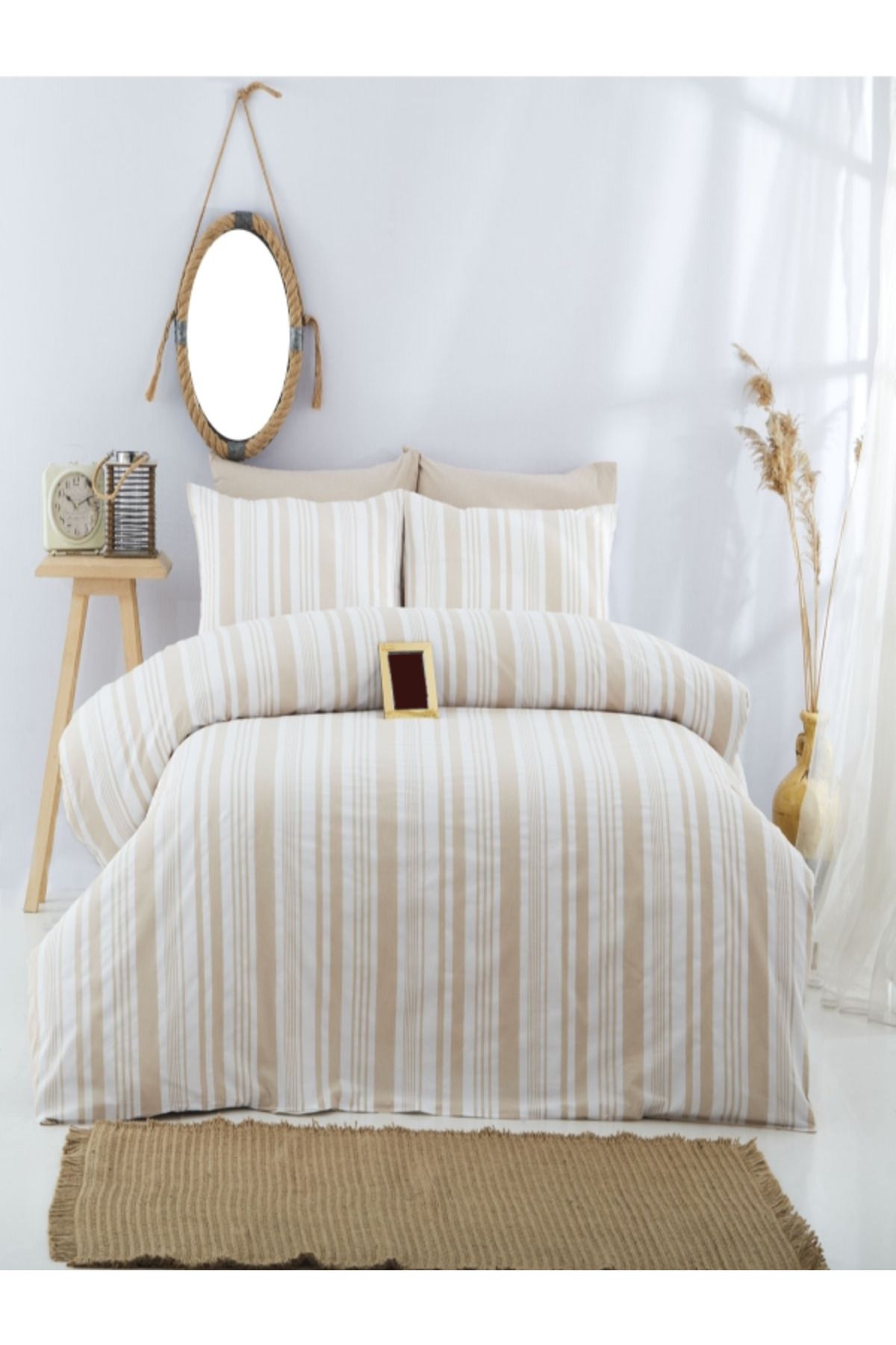 Bayev-Single Beige Striped Duvet Cover Set with Elastic Sheets 2