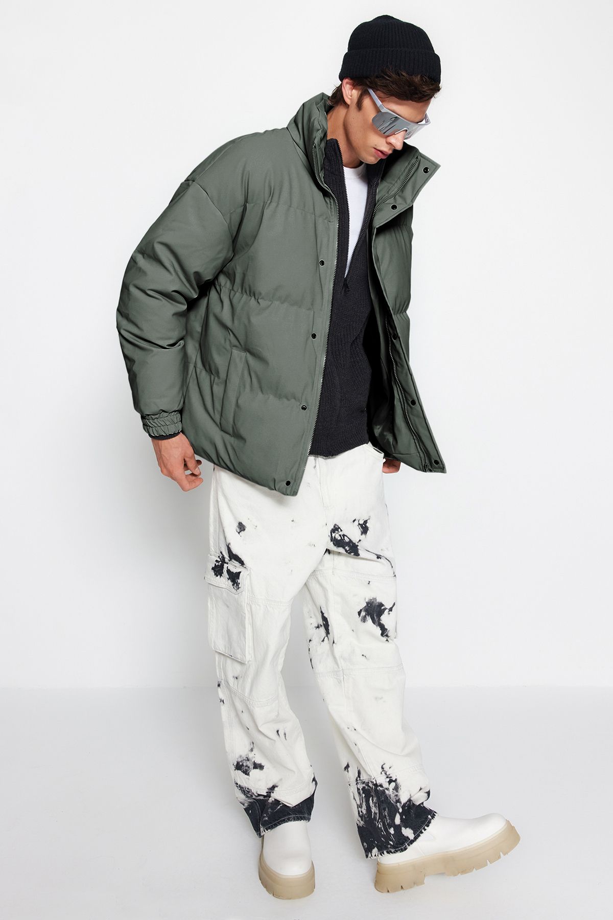 Trendyol Collection Oversize'owa Kurtka Puchowa W Kolorze Khaki - Ze Stójką, Zimowa, Mężczyzna - M
