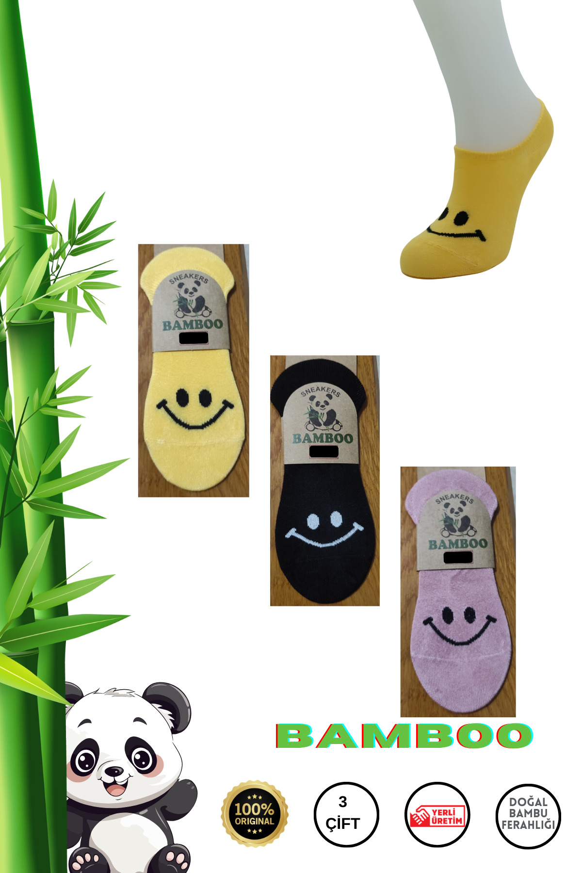 Bambu Görünmez Sneakers Dikişsiz Kadın Çorap (3 Çift) Desenli Kısa Kaliteli Çorap — görsel 1 · VJFGFJ