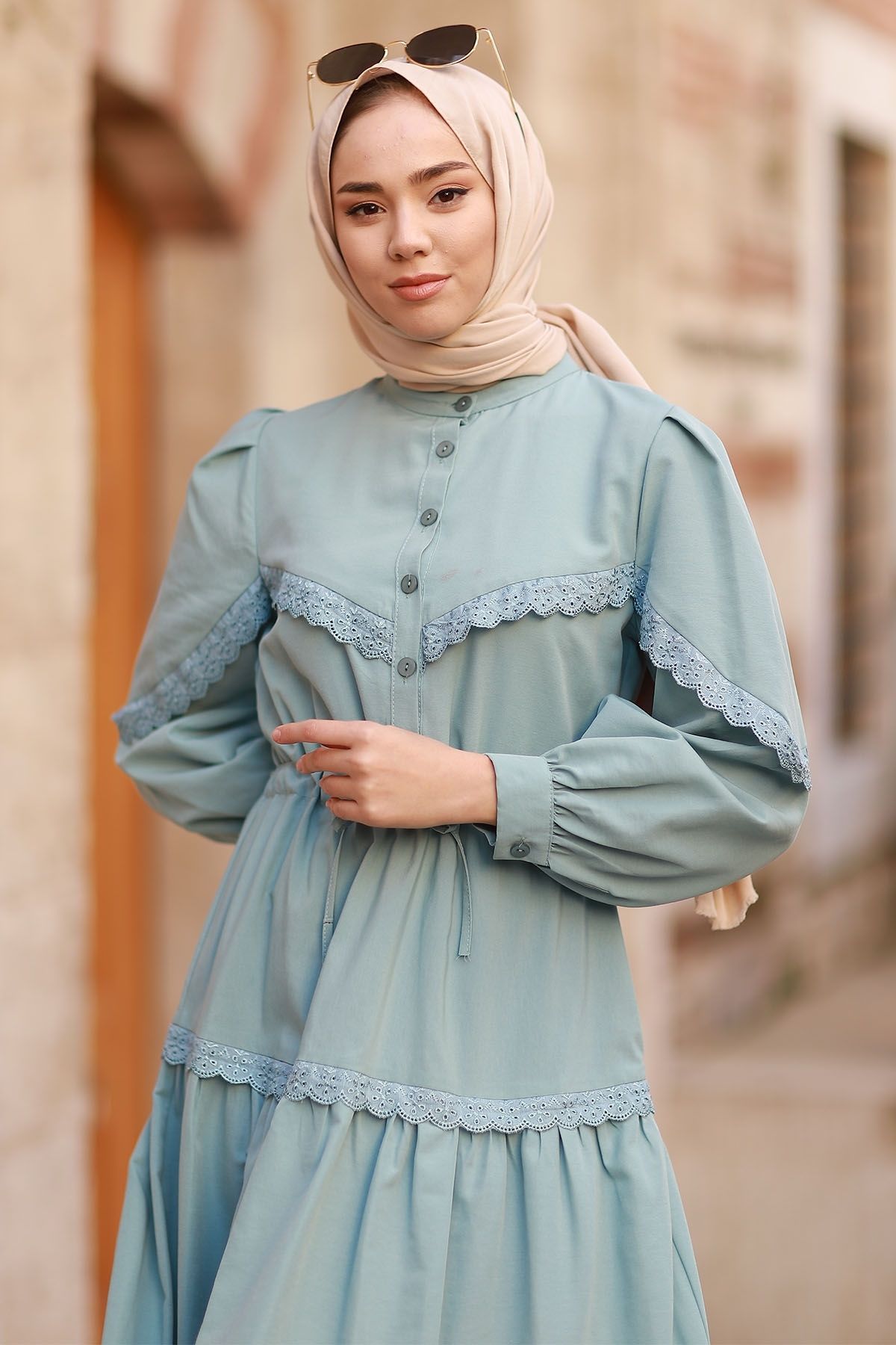 InStyle-Hijab-Kleid mit Guipure-Detail und Ballonärmeln – Mintgrün 3