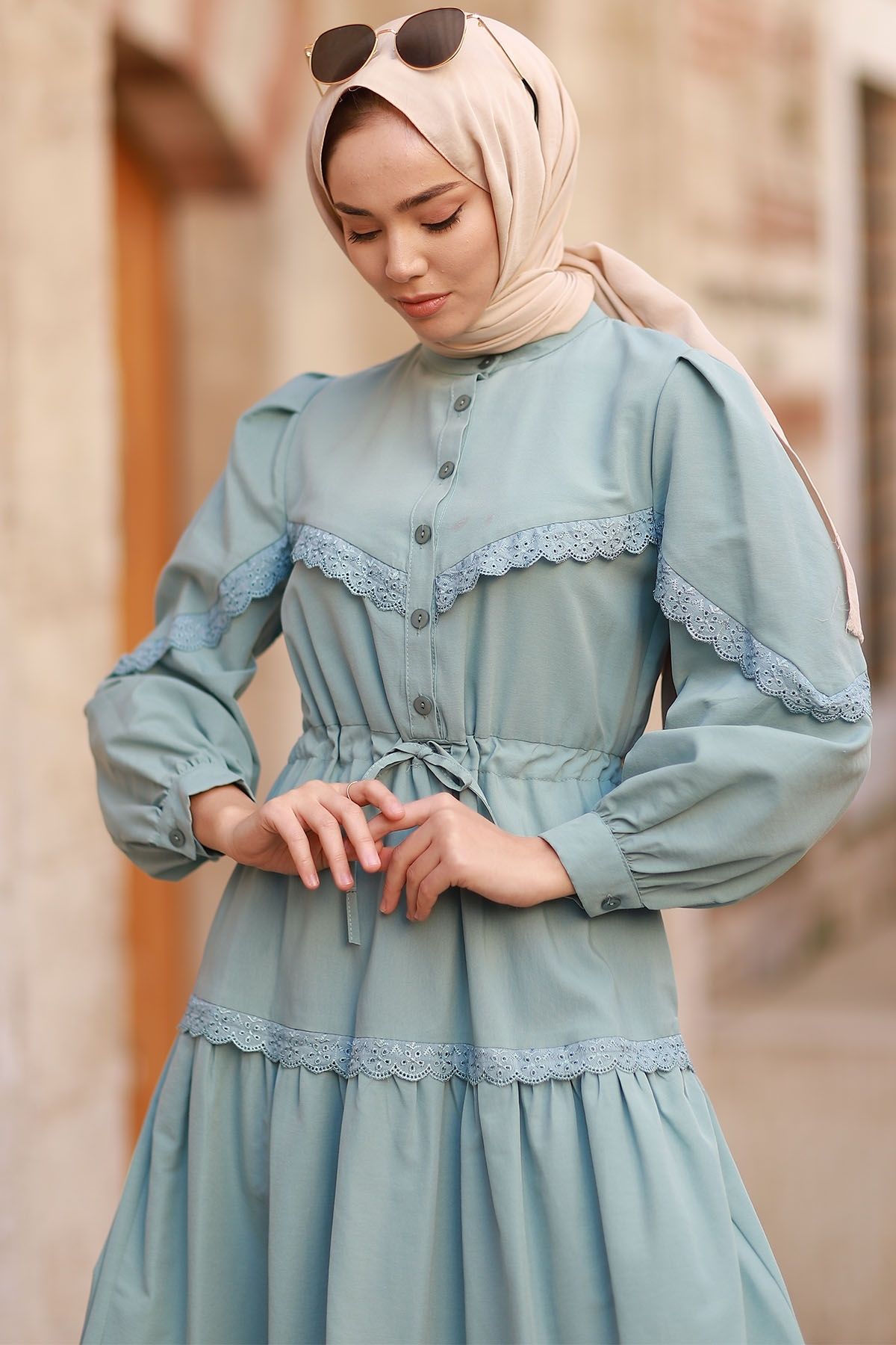 InStyle-Hijab-Kleid mit Guipure-Detail und Ballonärmeln – Mintgrün 5