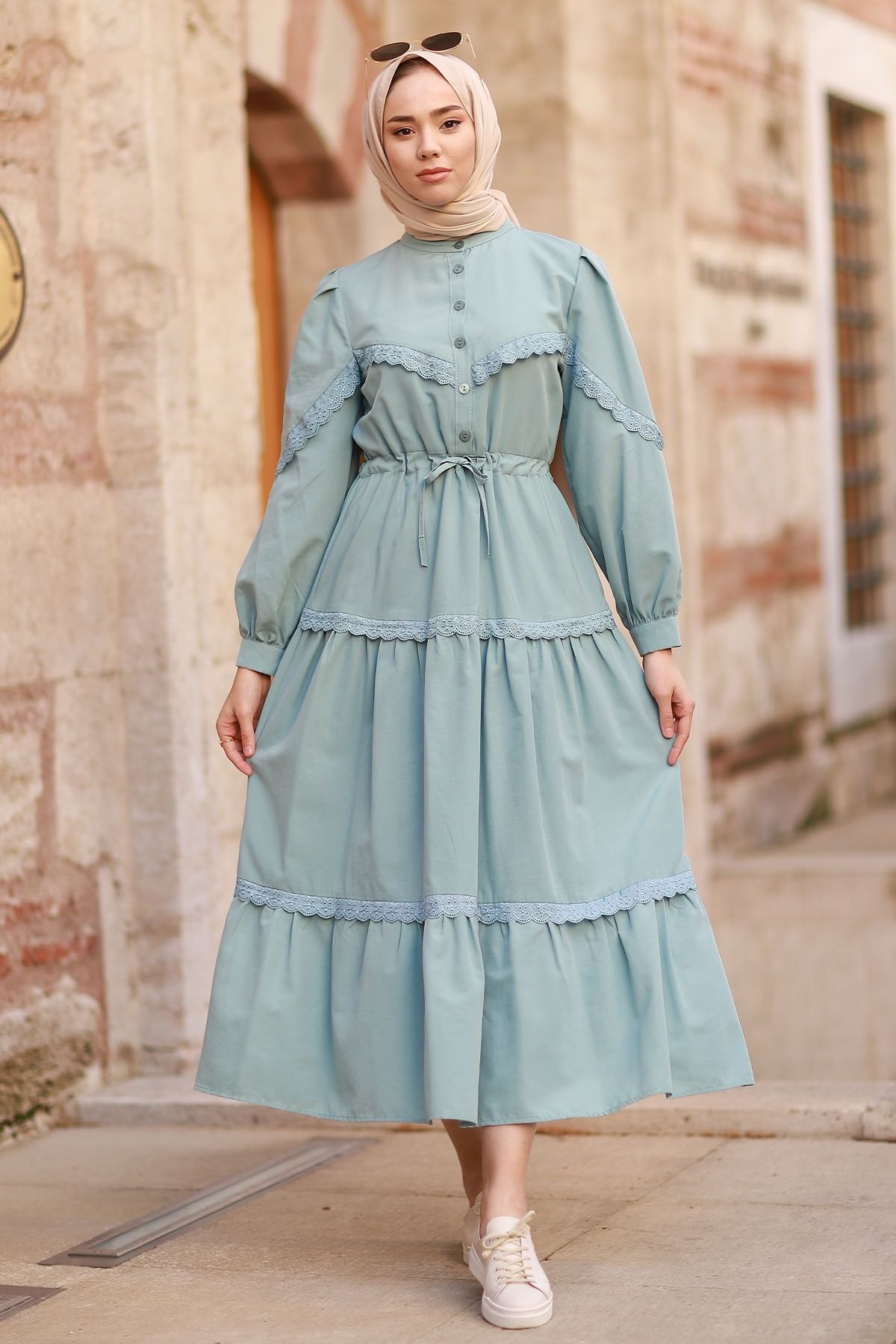 InStyle-Hijab-Kleid mit Guipure-Detail und Ballonärmeln – Mintgrün 4