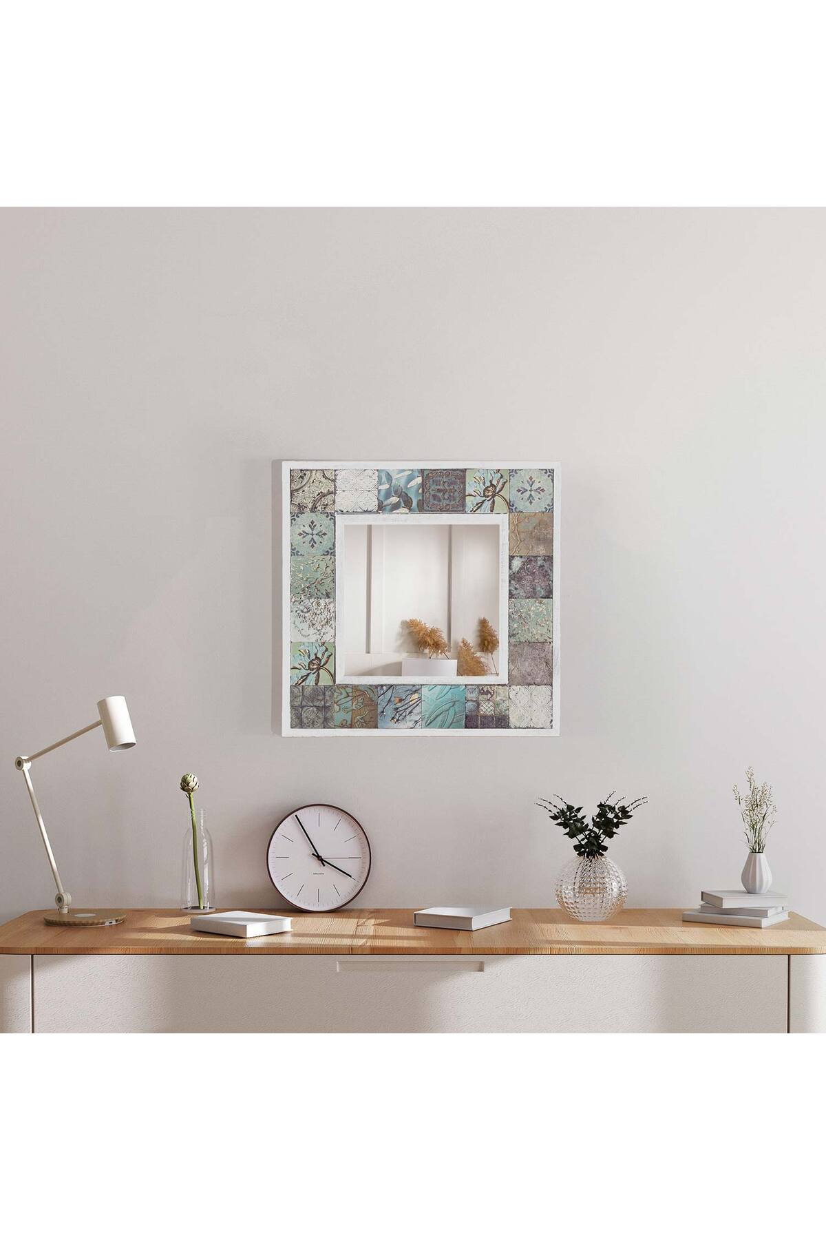 bluecape Doğal Ağaç 32x32 Cm Antik Limra Taş Çerçeveli Dekoratif Ayna