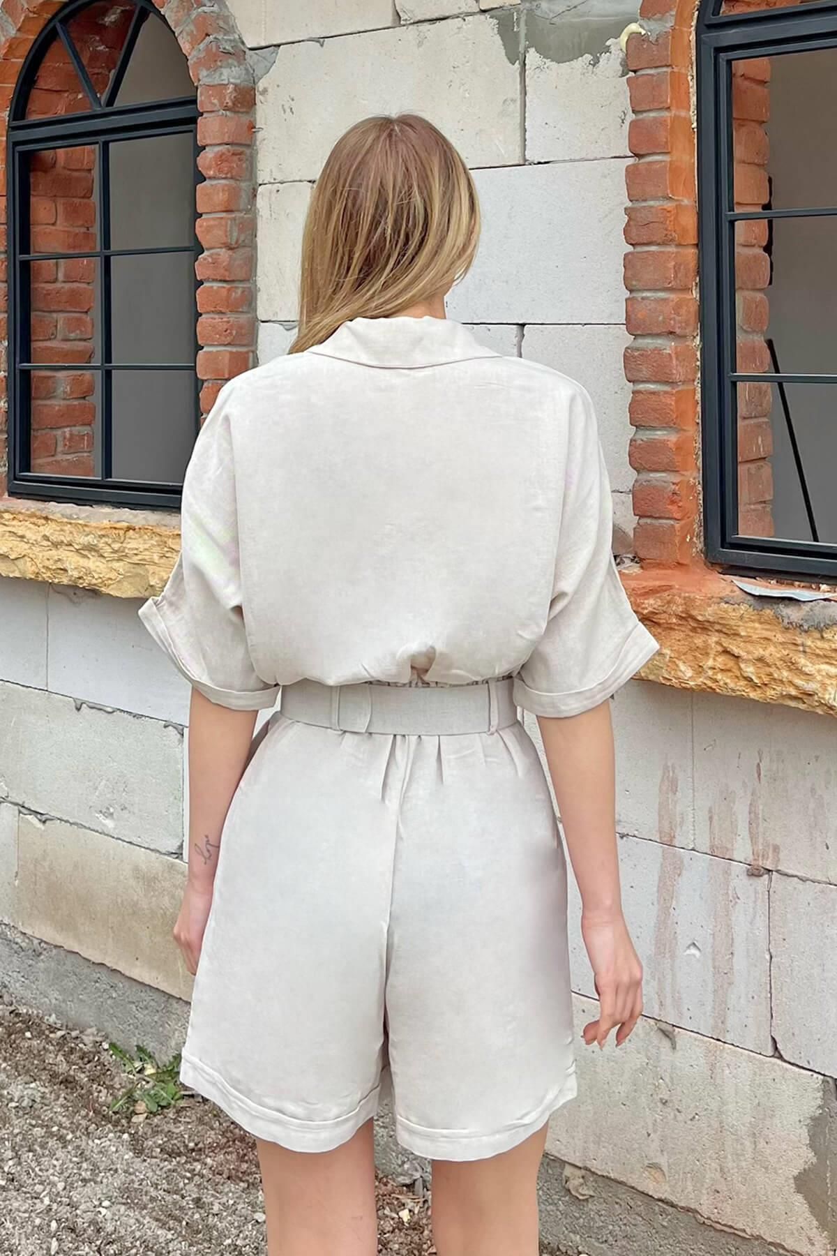 Swist Beige Double Breasted Belted Linen Women s Jumpsuit Trendyol
