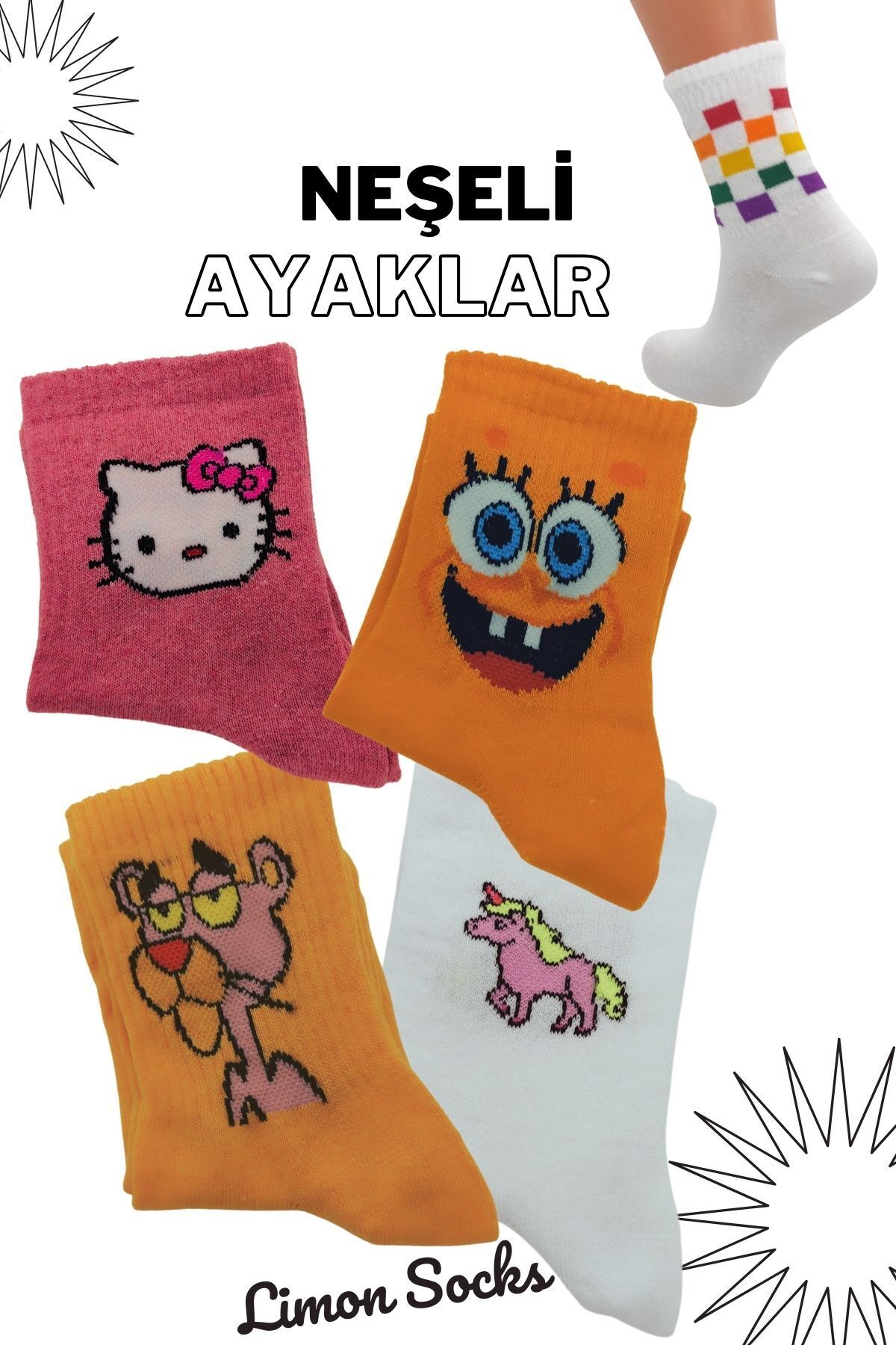 Kadın Erkek Çocuk Çorap Çok Renkli Desenli Kolej (4 Çift) Düz Çizgili Tenis Model