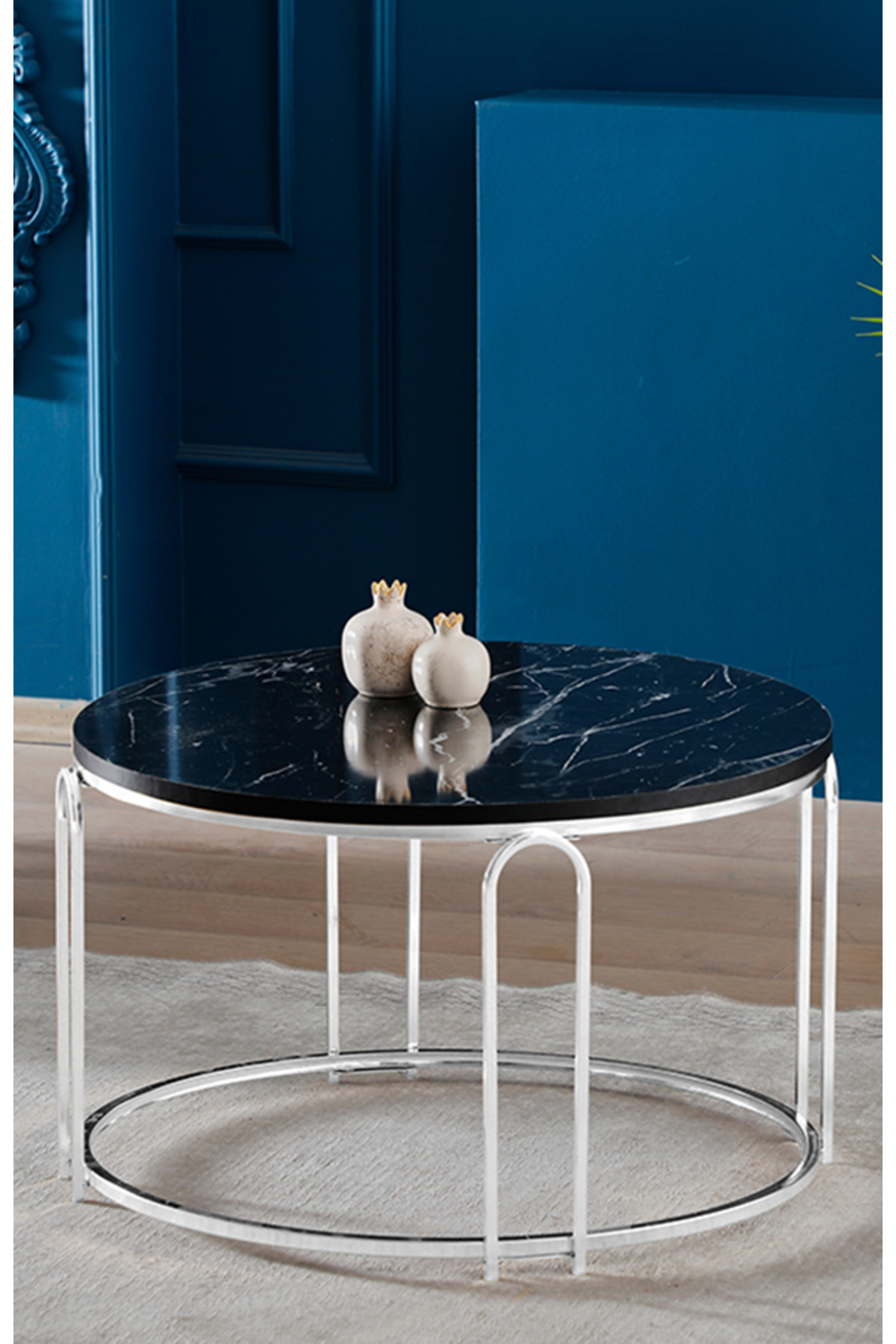 Lenka Orta Sehpa Yuvarlak Siyah Mermer Ahşap Gümüş Metal - sedaş-lenka-orta-gümüş