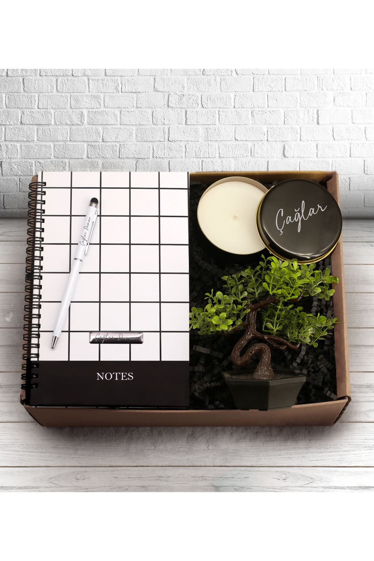 Personalized Spiral Patterned Notebook & Touch Pen & Metal Boxed Candle & Artificial Tree Gift Set