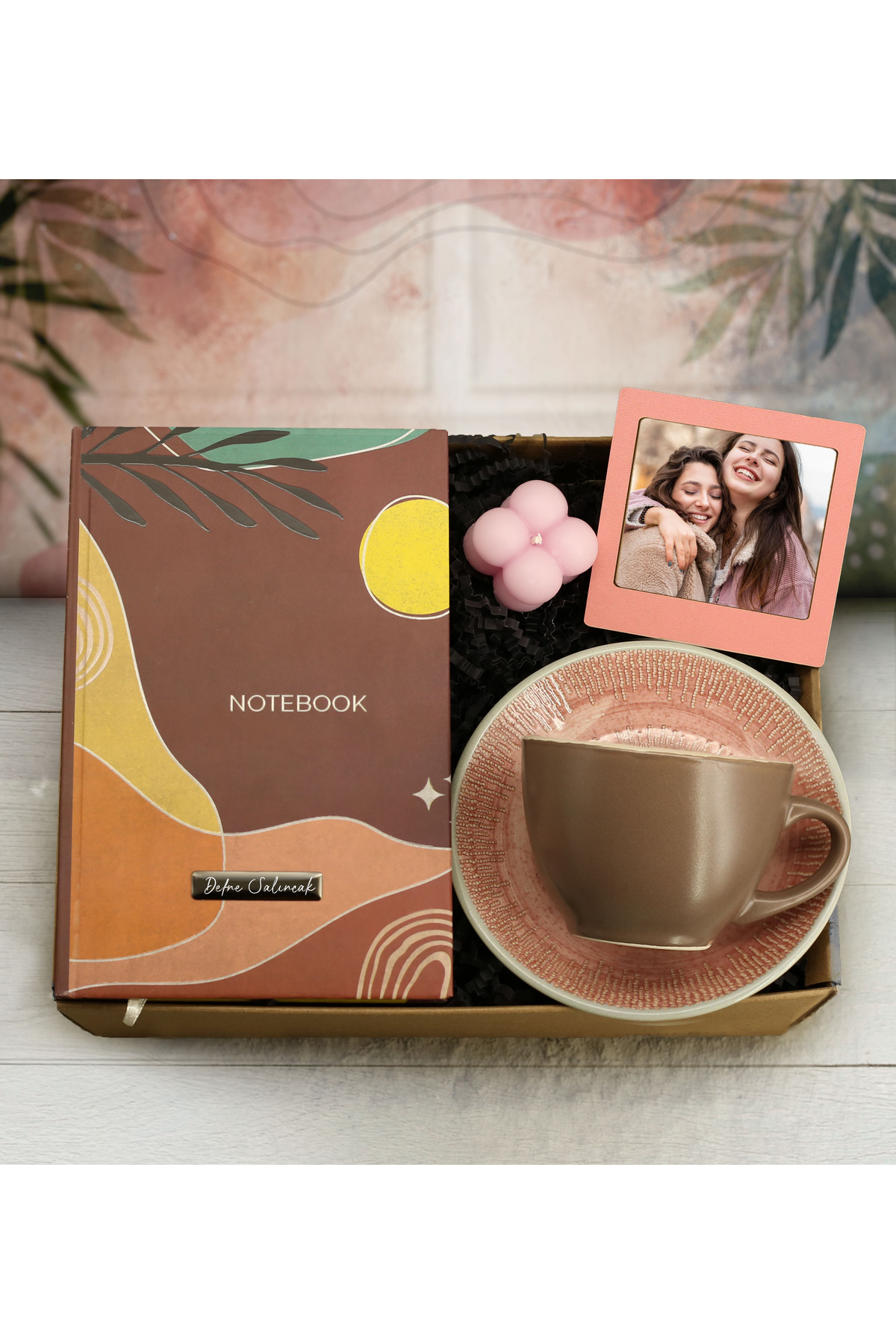 Personalized Patterned Notebook & Personalized Mini Palaroid Frame & Nescafe Cup & Candle Gift Set