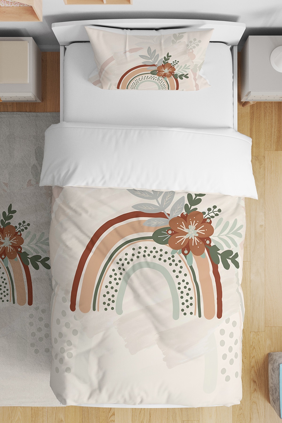 EVPANYA Çiçekli Gökkuşağı Desenli Tek Kişilik Bebek Çocuk Nevresim Seti