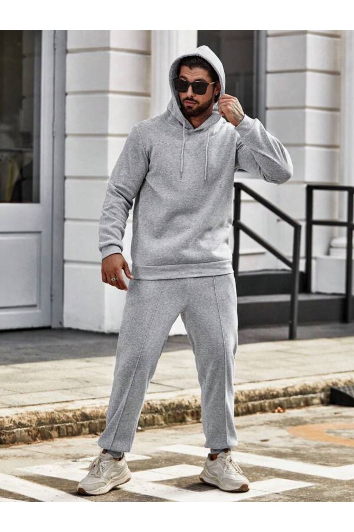 Black Sokak Gray Plain Oversize Men s Hooded Bottom Top Tracksuit