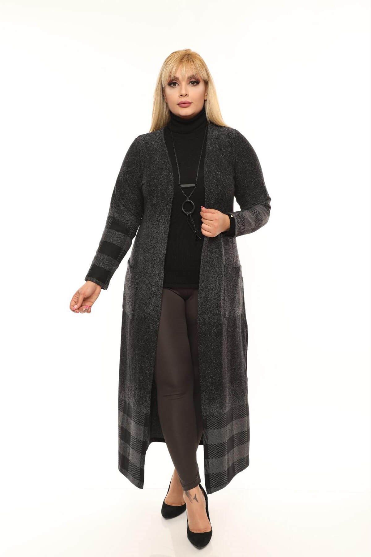 Mia Butik Büyük Beden Siyah Desenli Uzun Hırka