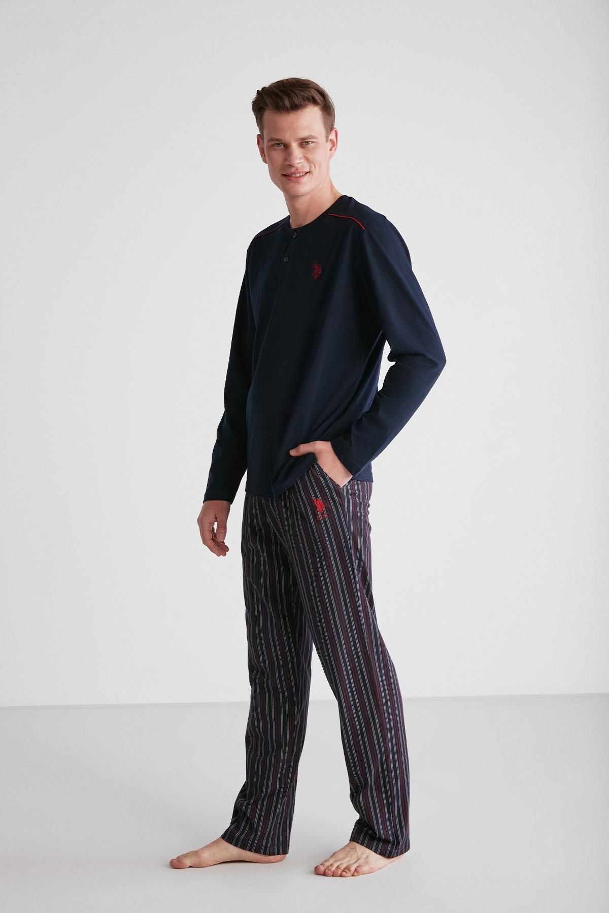 ست پیژامه آبی مردانه لباس خواب آستین بلند سرمه ای C1T8N7O38 U.S. Polo Assn.