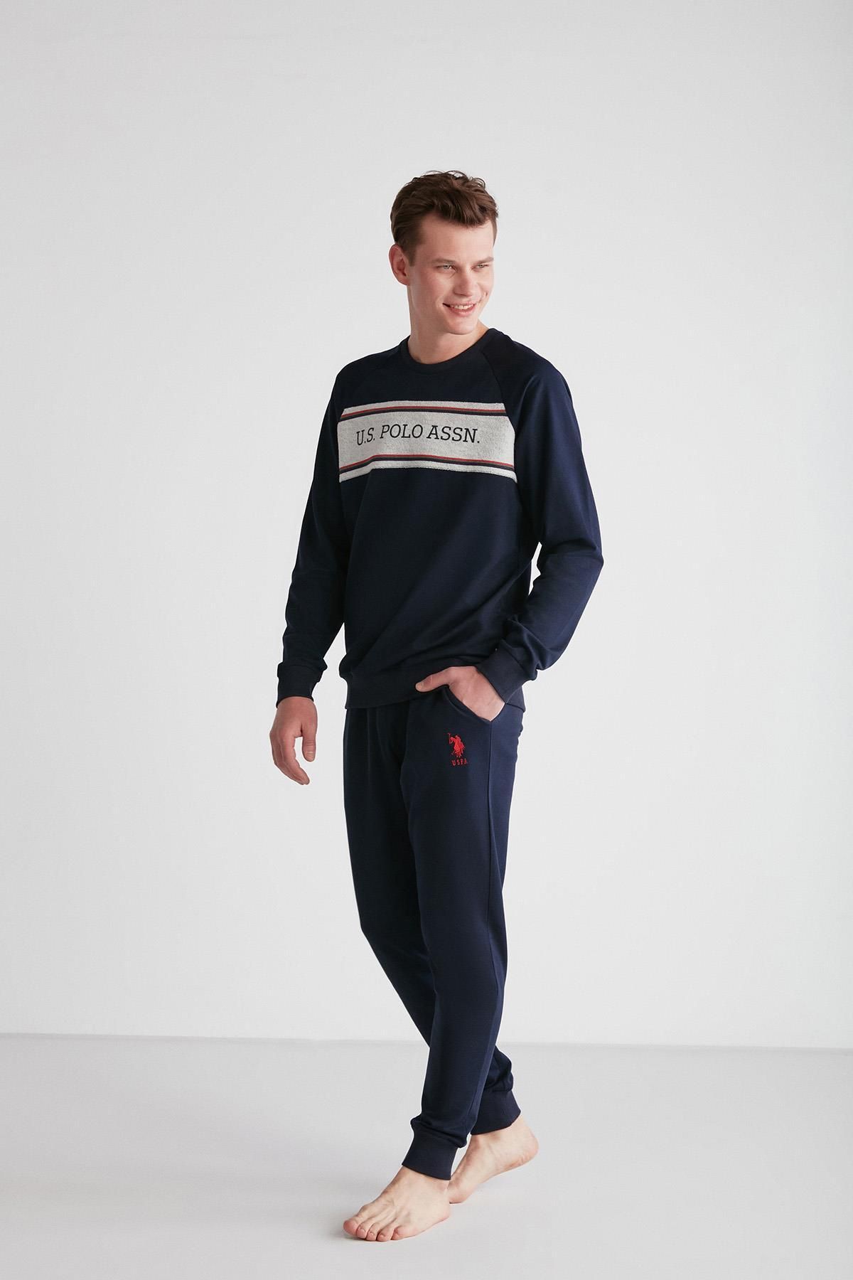ست پیژامه آبی مردانه لباس خواب سرمه ای آستین بلند C1T8N7O17 U.S. Polo Assn.
