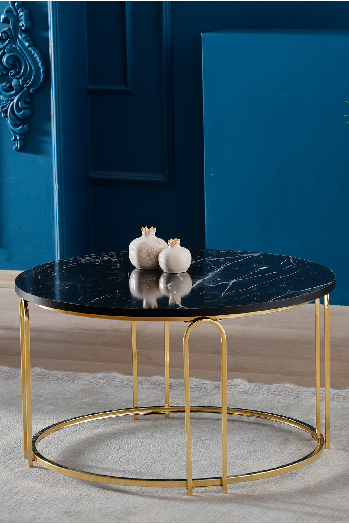 Lenka Orta Sehpa Yuvarlak Ahşap Gümüş Metal Siyah Mermer Ahşap - sedaş-lenka-orta-gold