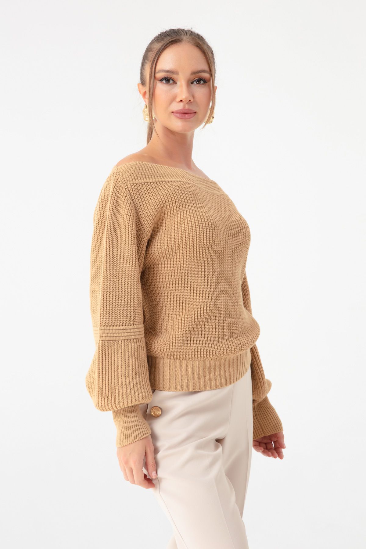 Lafaba-Hellbrauner Damenpullover mit U-Boot-Ausschnitt 2