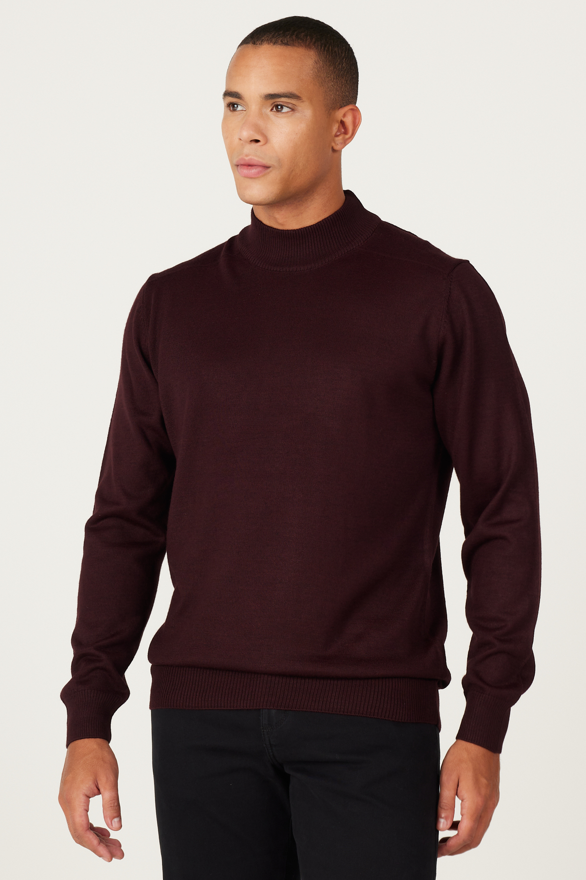 Erkek Bordo Yünlü Standart Fit Normal Kesim Yarım Balıkçı Yaka Triko Kazak