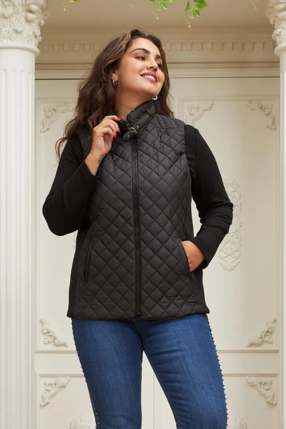 Rmg Plus Size Black Quilted Vest with Collar Belt Detail