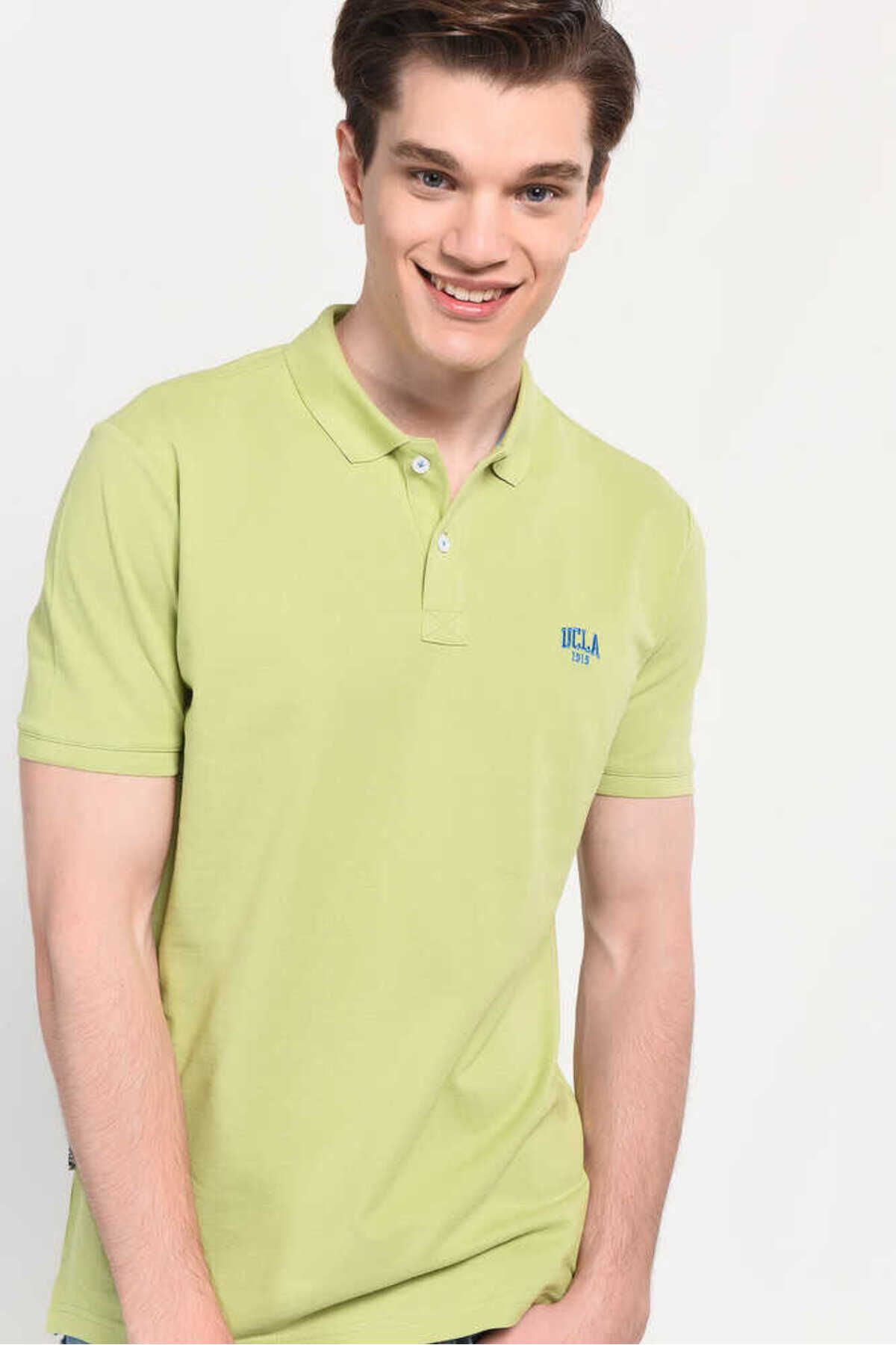 Ucla تی شرت مردانه گلدوزی شده با یقه پولو سبز