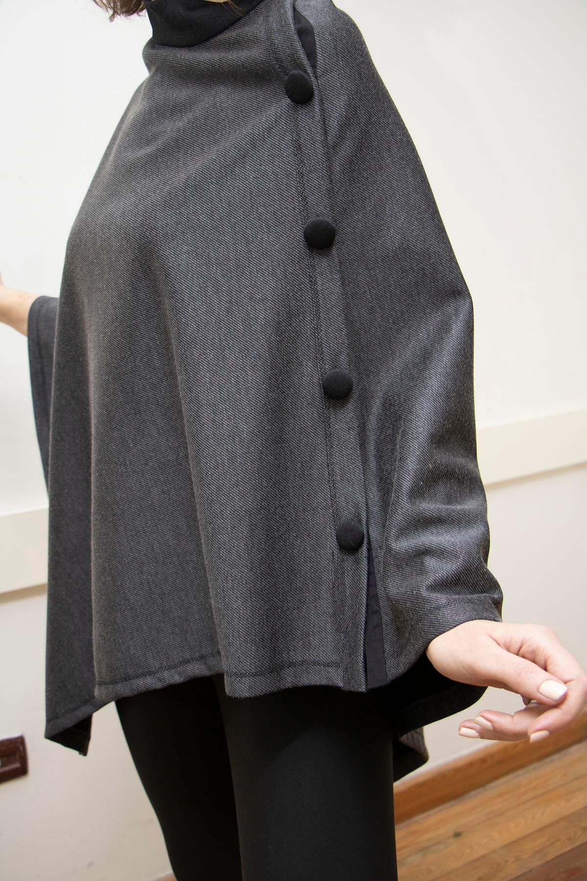 Cape Poncho, Button Detailed Smoked Grey, Special Design, Standard Size