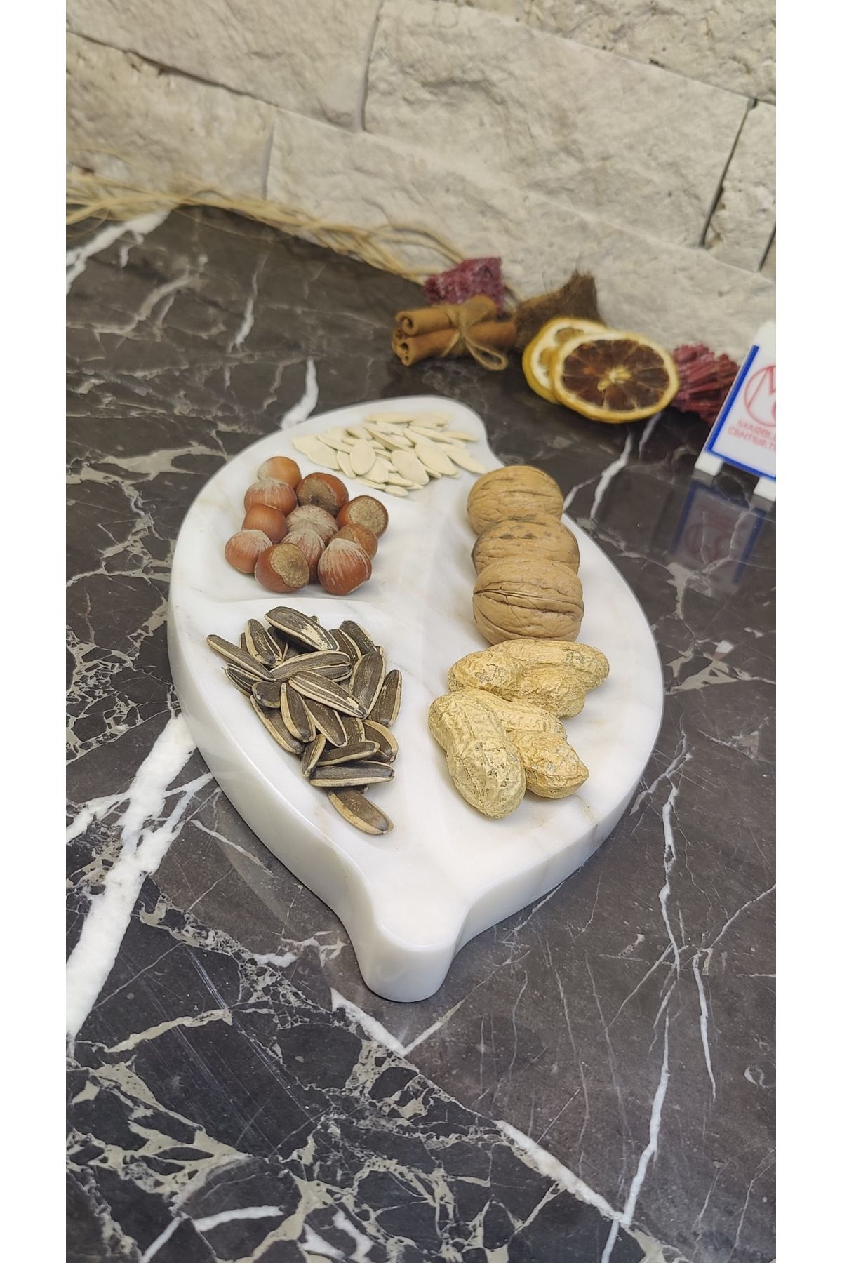 Marblecenter-Marble Presentation Bowl, Nuts Bowl, Leaf Patterned 3-Compartment Serving Plate 3