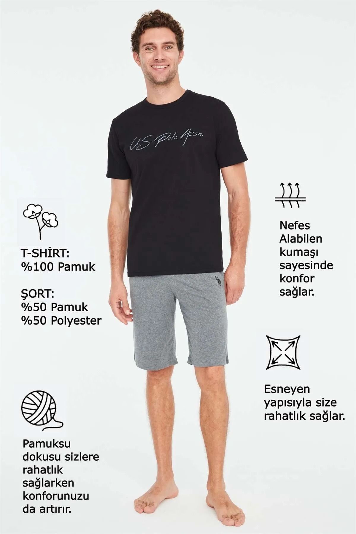 ست پیژامه مشکی مردانه شلوارک 18674 اورجینال U.S. Polo Assn.