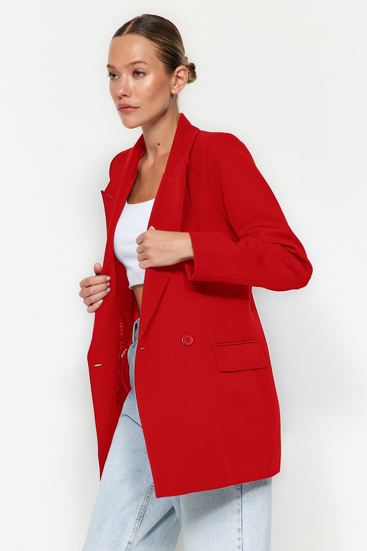 Trendyol Collection-Piros, normál bélésű, duplasoros záródású, szövött blézer dzseki TWOSS20CE0059 3