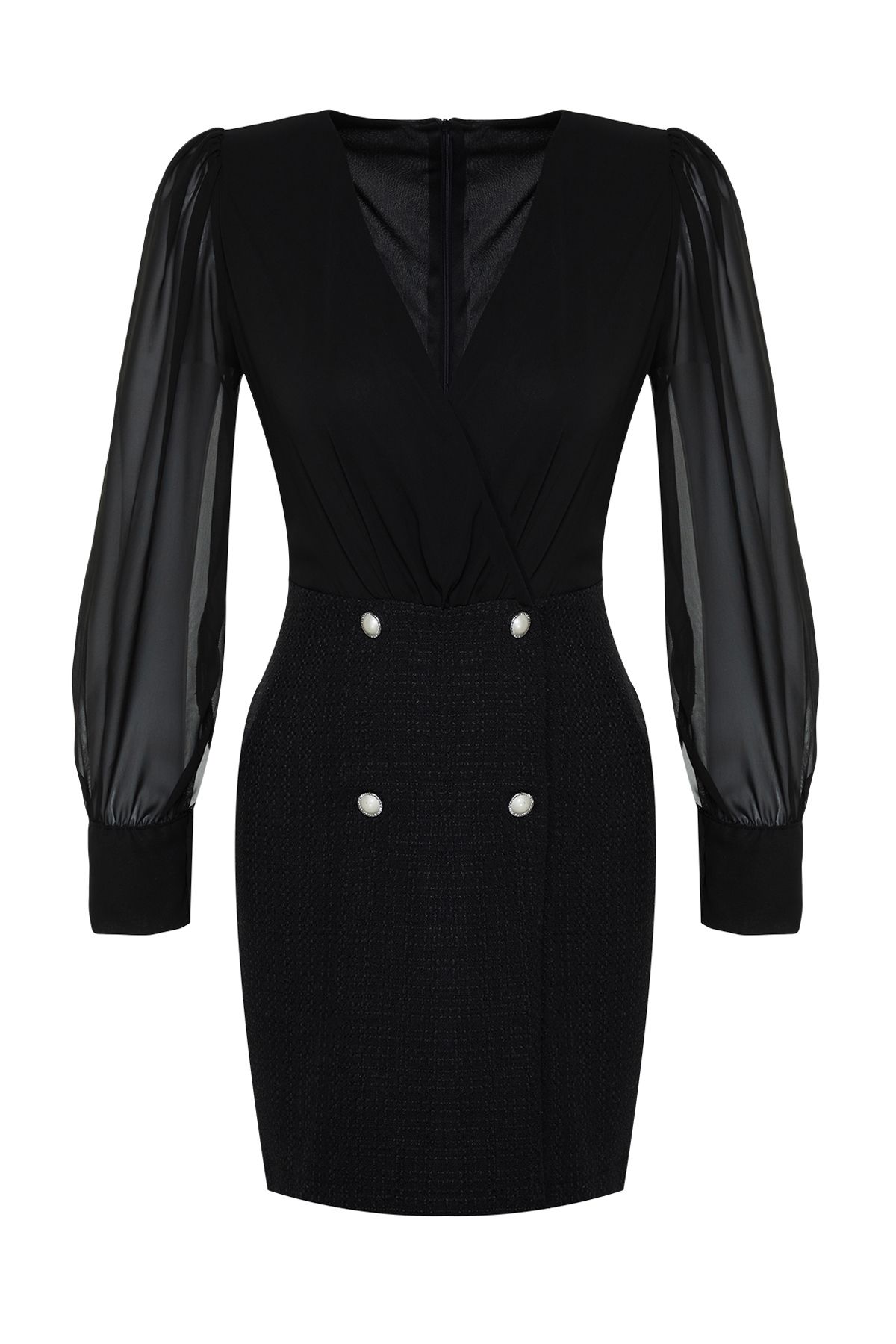 Trendyol Collection-Μαύρο φόρεμα τουίντ με κουμπιά με απλό σχέδιο TWOAW24EL00659 6