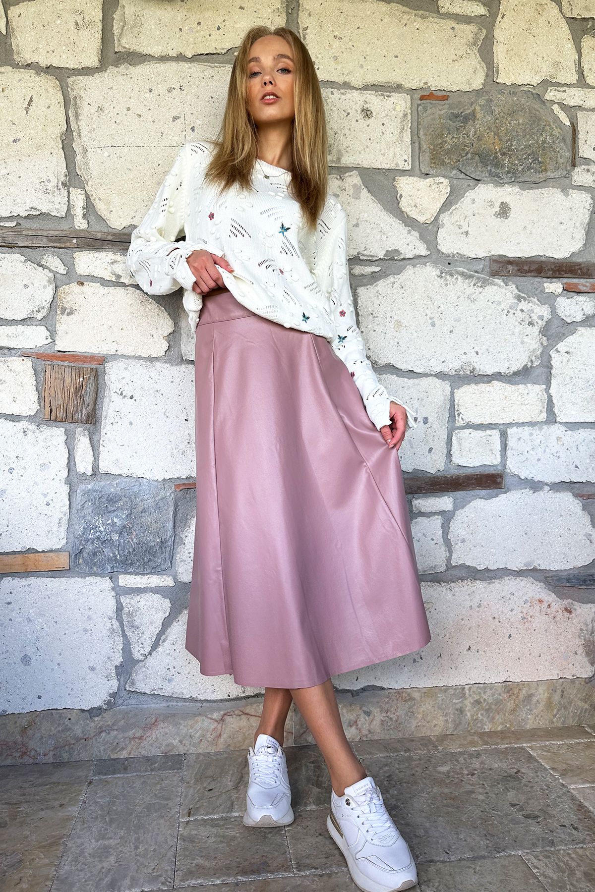 Pink a-line leather online skirt