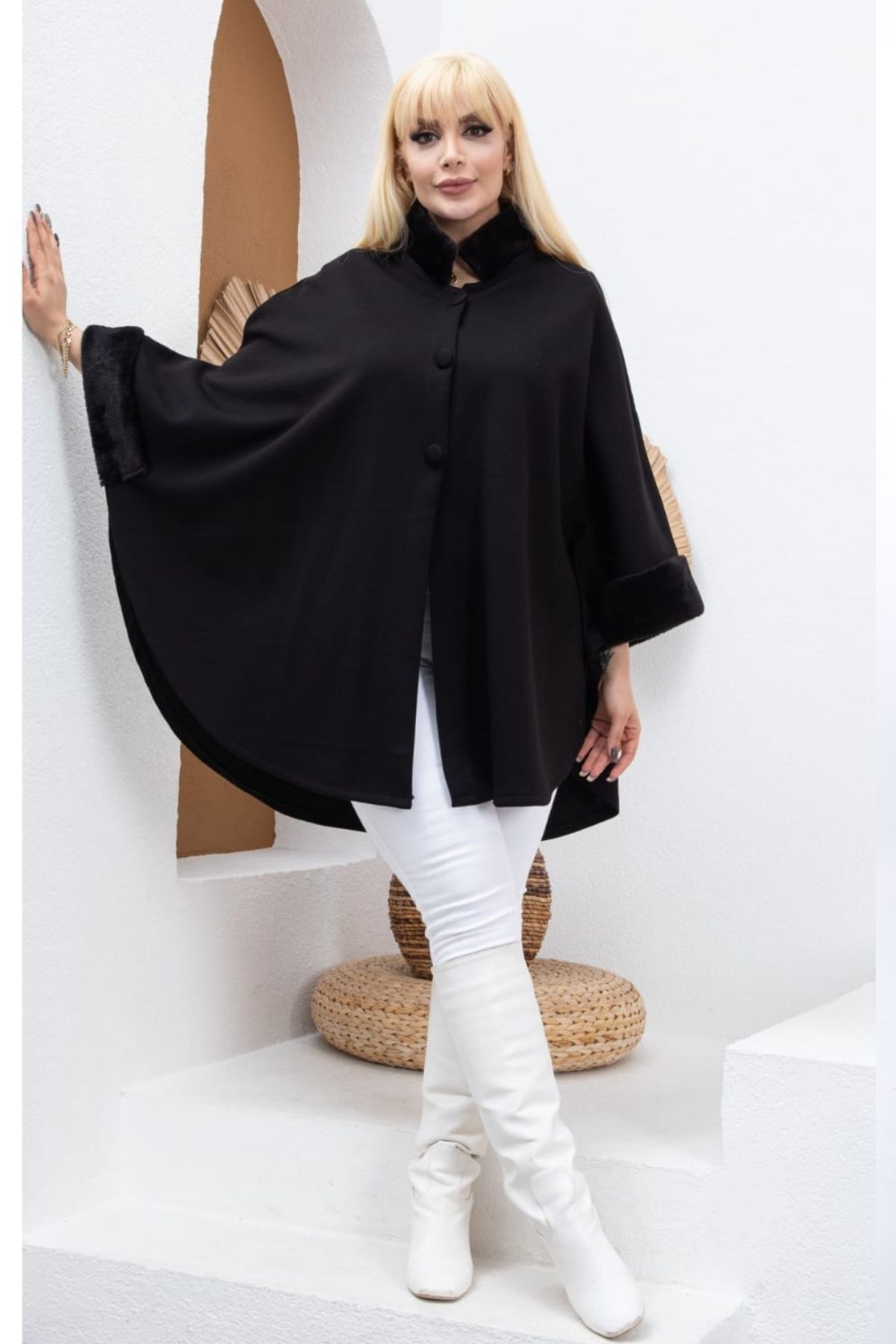 Eceyaman moda WOMEN S BLACK STEEL KNITTED PLUS SIZE PONCHO WITH