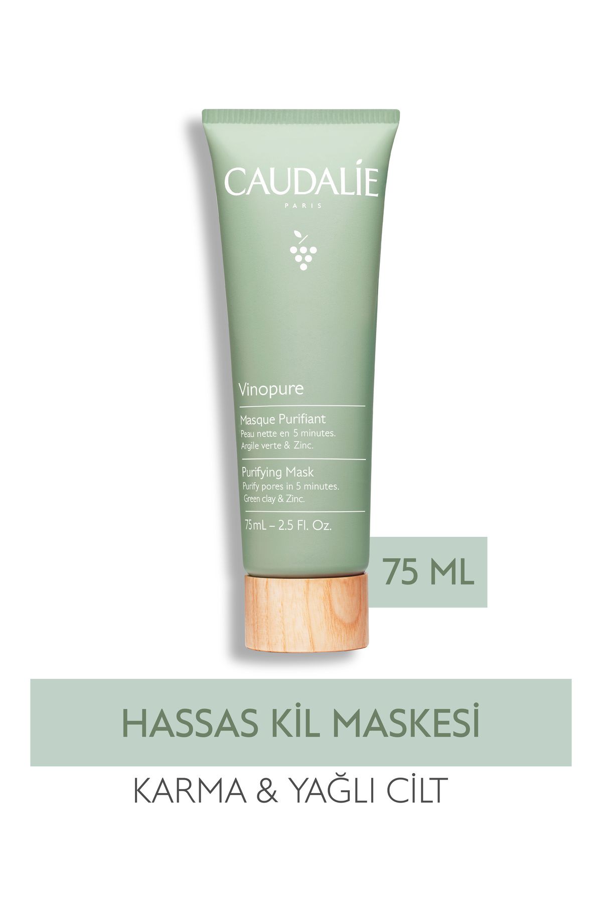 Caudalie ماسک خاک رس پوست حساس Vinopure مناسب برای پوست های چرب و مستعد آکنه 75 میل