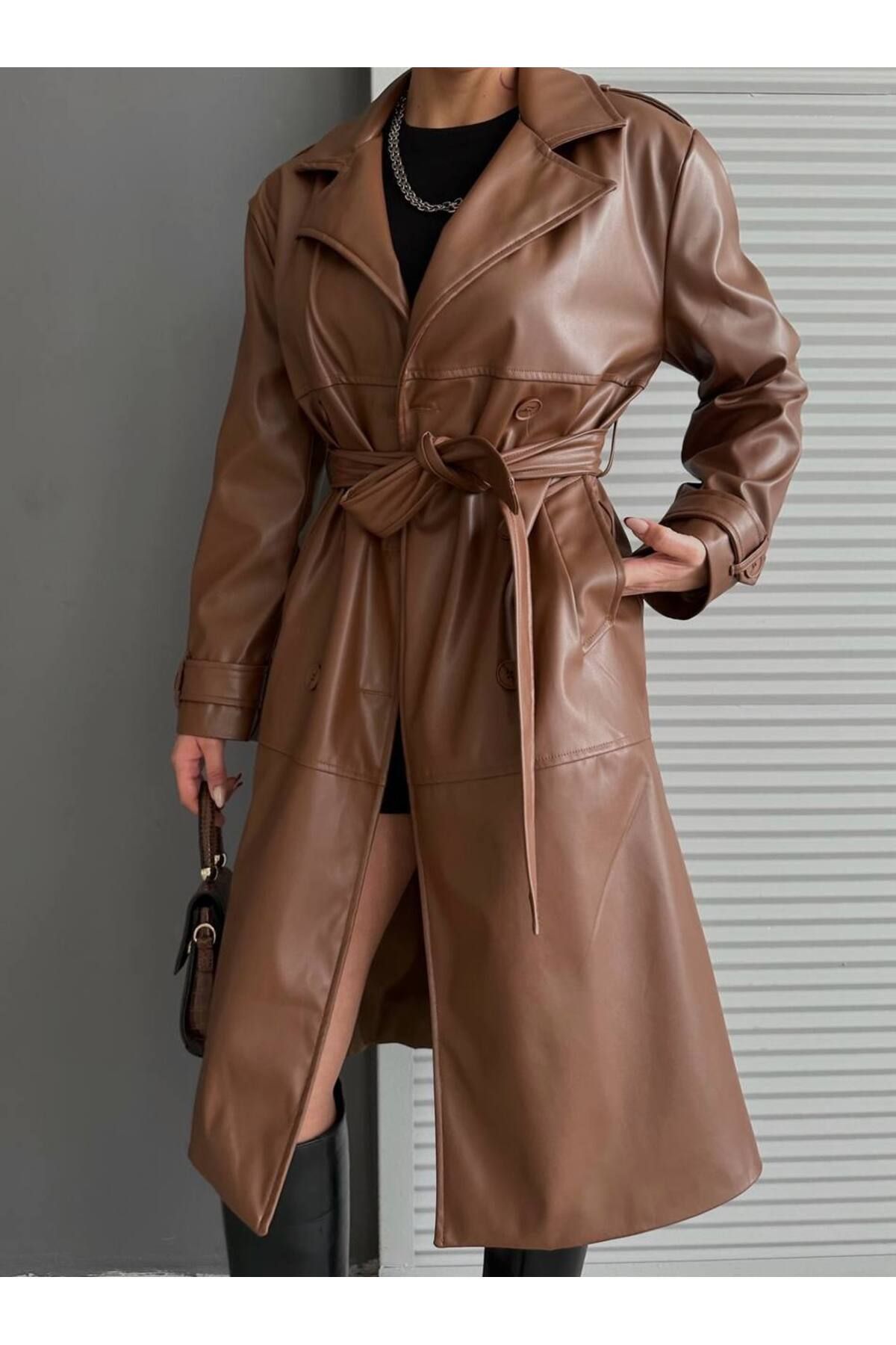 LB Laluna Butik-Dámská kožená manžeta Dlouhý kabát s kapsami na pásku Trenčkot 2