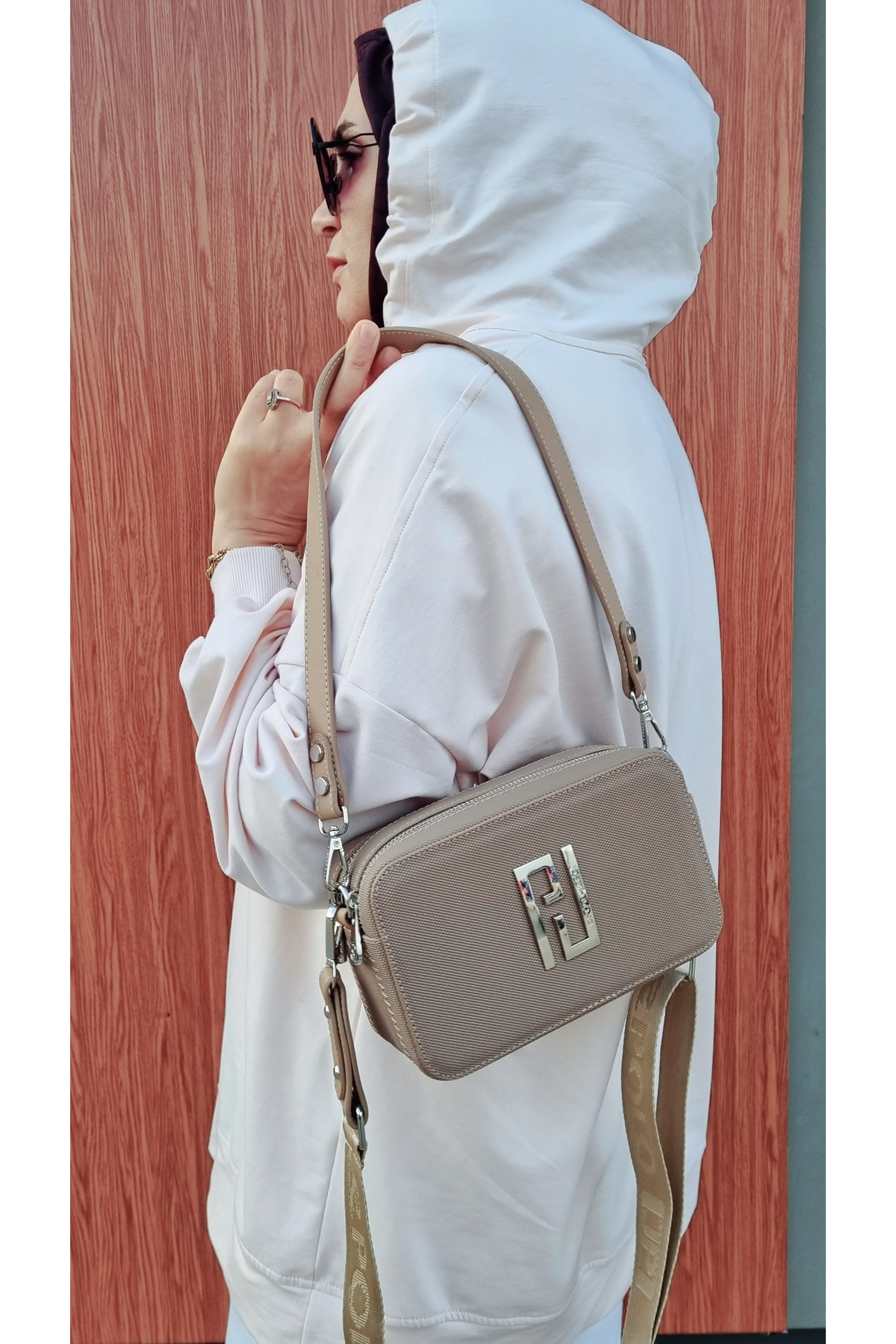 JUSTPOLO WOMEN'S MINK ORIGINAL LACOS 3 COMPARTMENT SHOULDER AND CROSSBODY BAG
