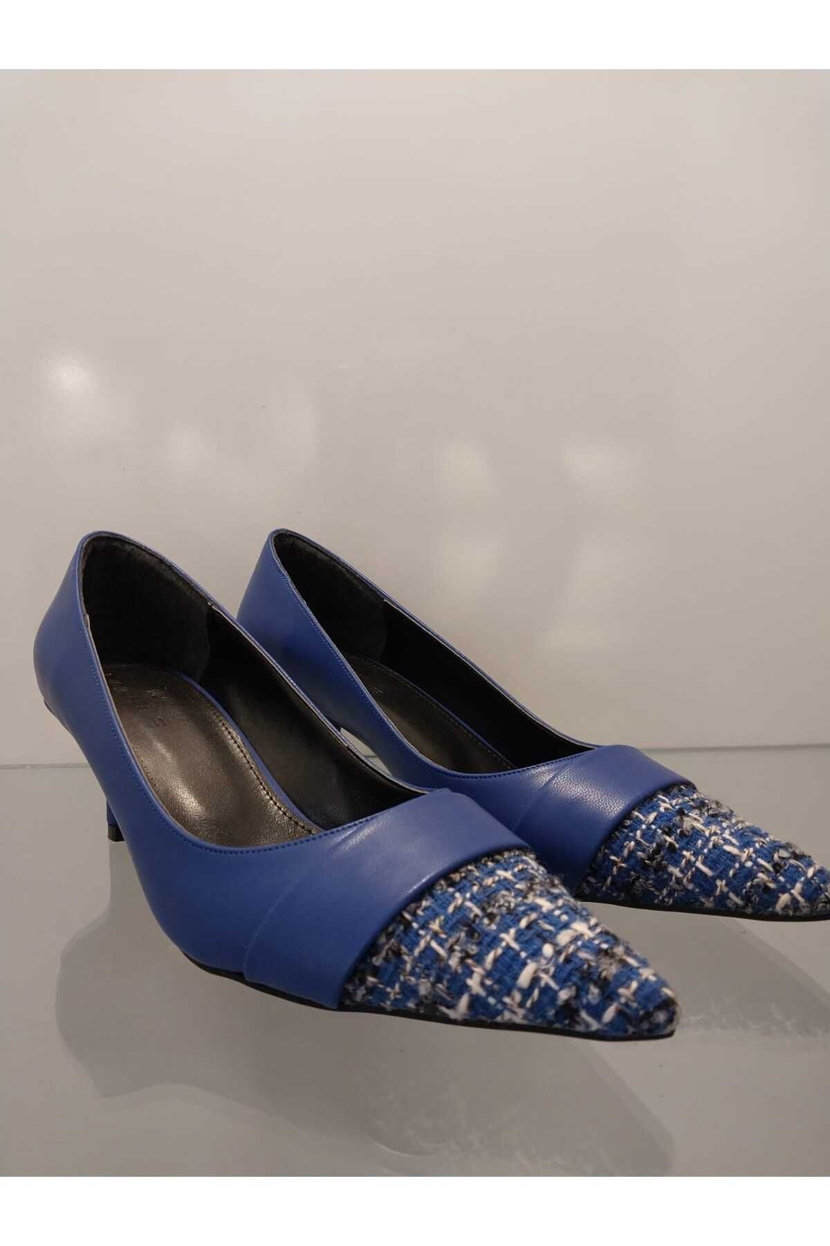 Saks Mavi Tüvit Detaylı Topuklu Stiletto