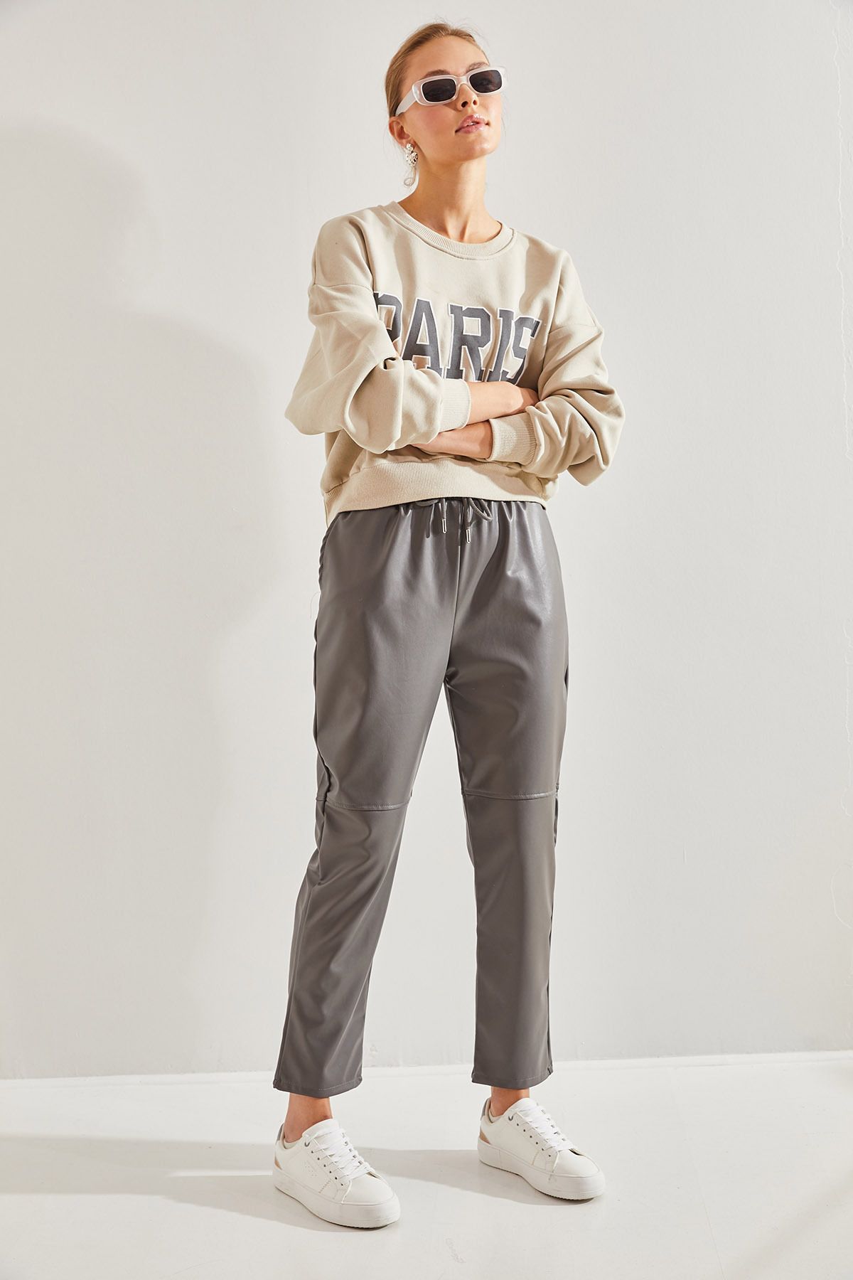 Bianco Lucci Women s Elastic Waist Leather Trousers Trendyol