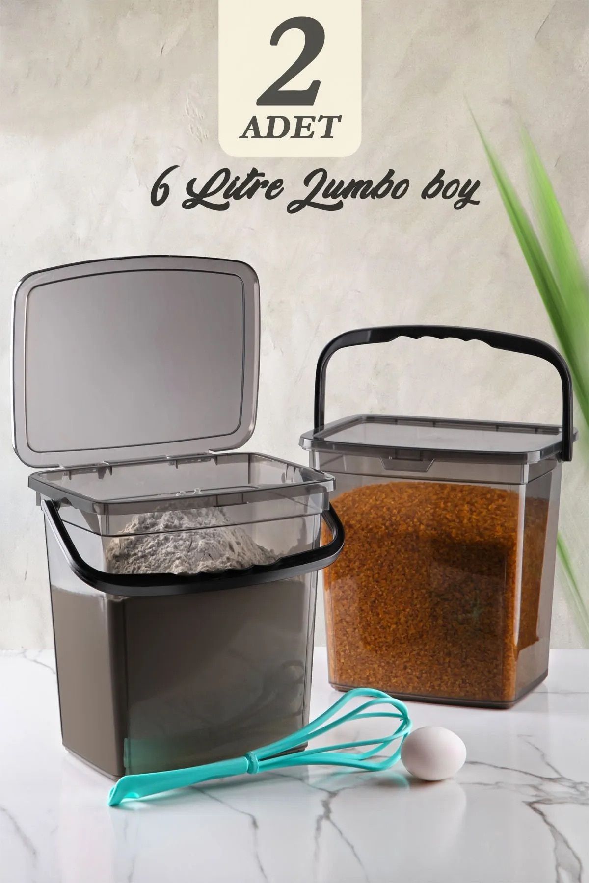 Stile Cucina-Mega Size 2-Piece Square Flour Pulses Container 6 Liters - Detergent Storage Box with Handle Anthracite 1