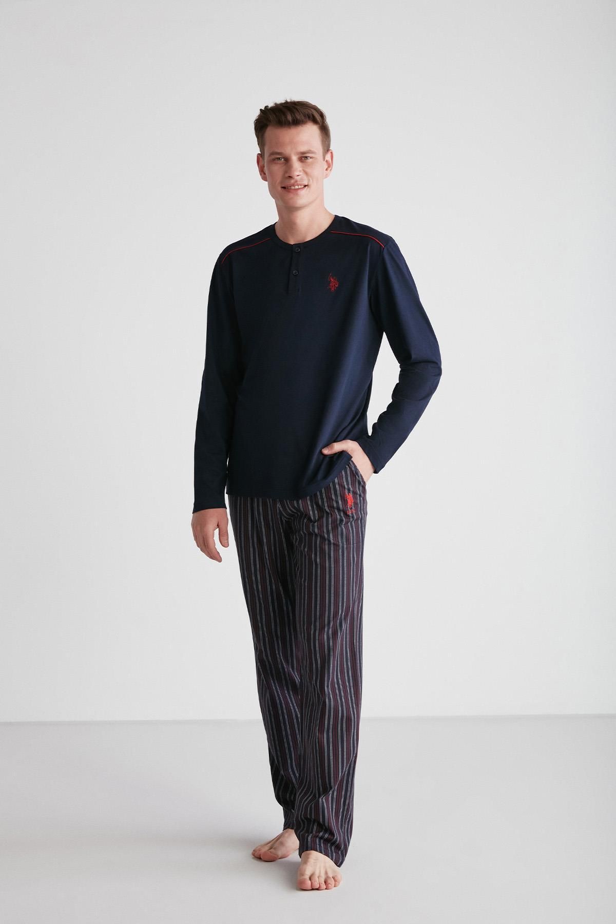 ست پیژامه آبی مردانه لباس خواب آستین بلند سرمه ای C1T8N7O38 U.S. Polo Assn.