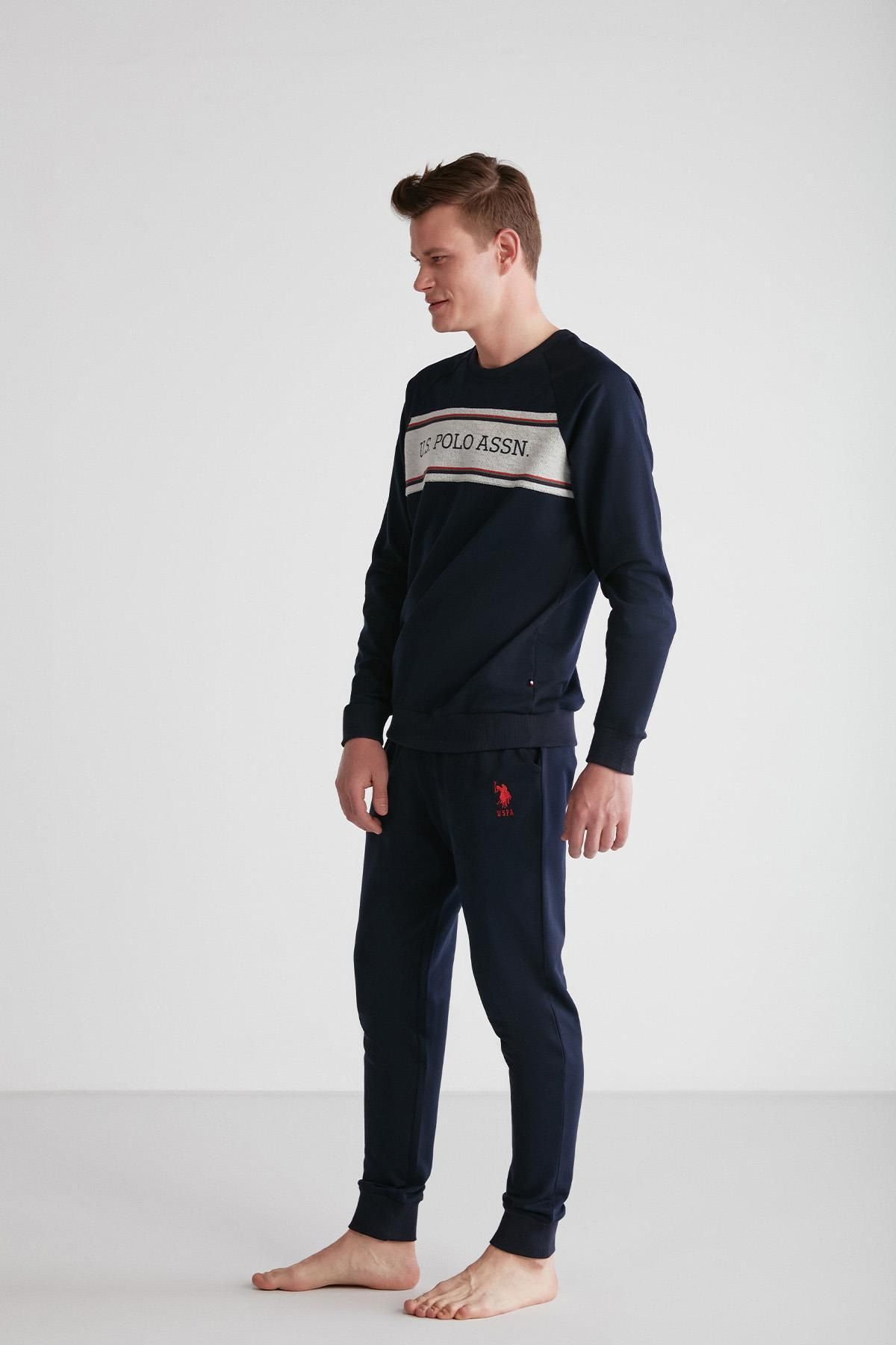 ست پیژامه آبی مردانه لباس خواب سرمه ای آستین بلند C1T8N7O17 U.S. Polo Assn.