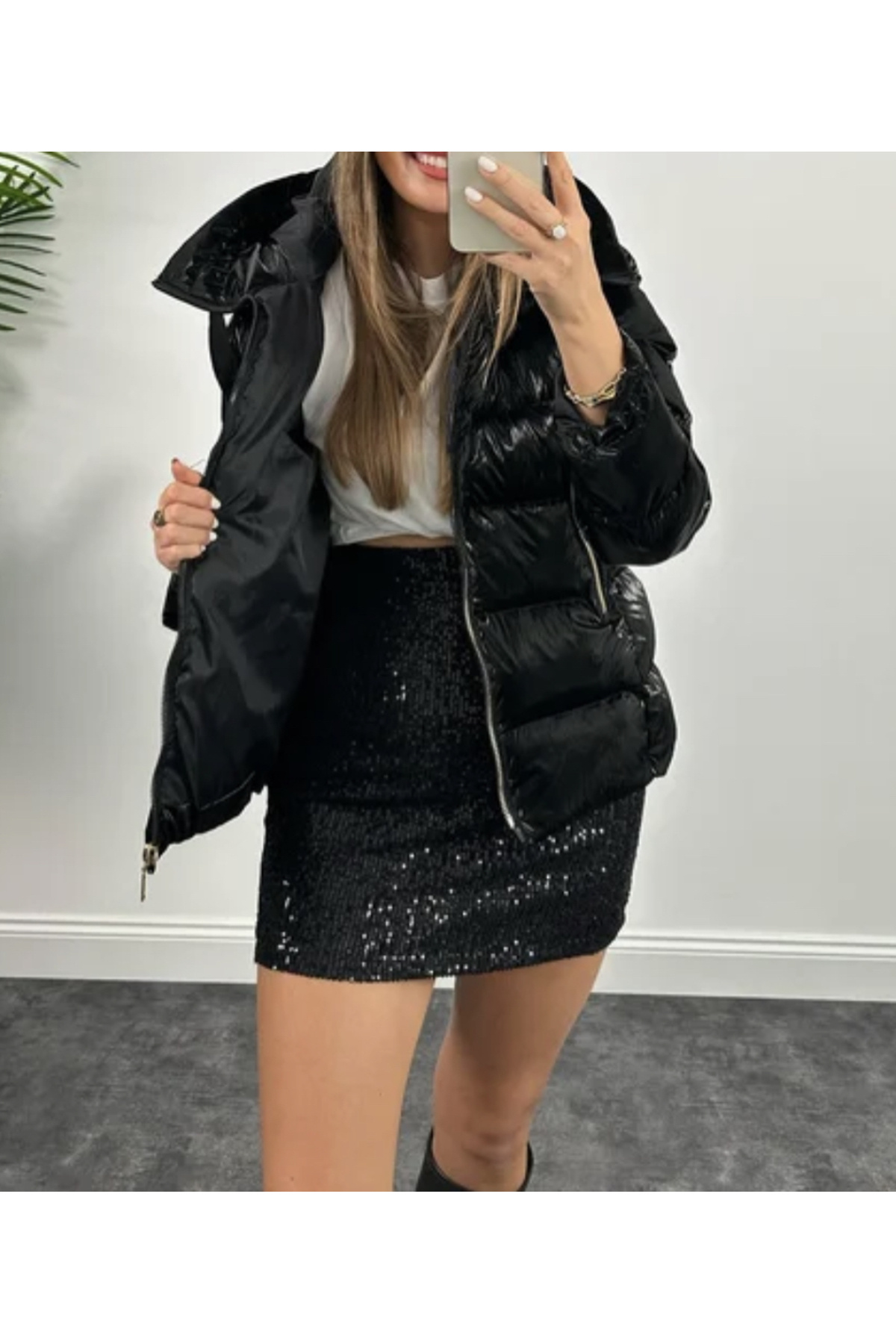 pembekurdelem  Parlak Puffer Mont Siyah - Görsel 3